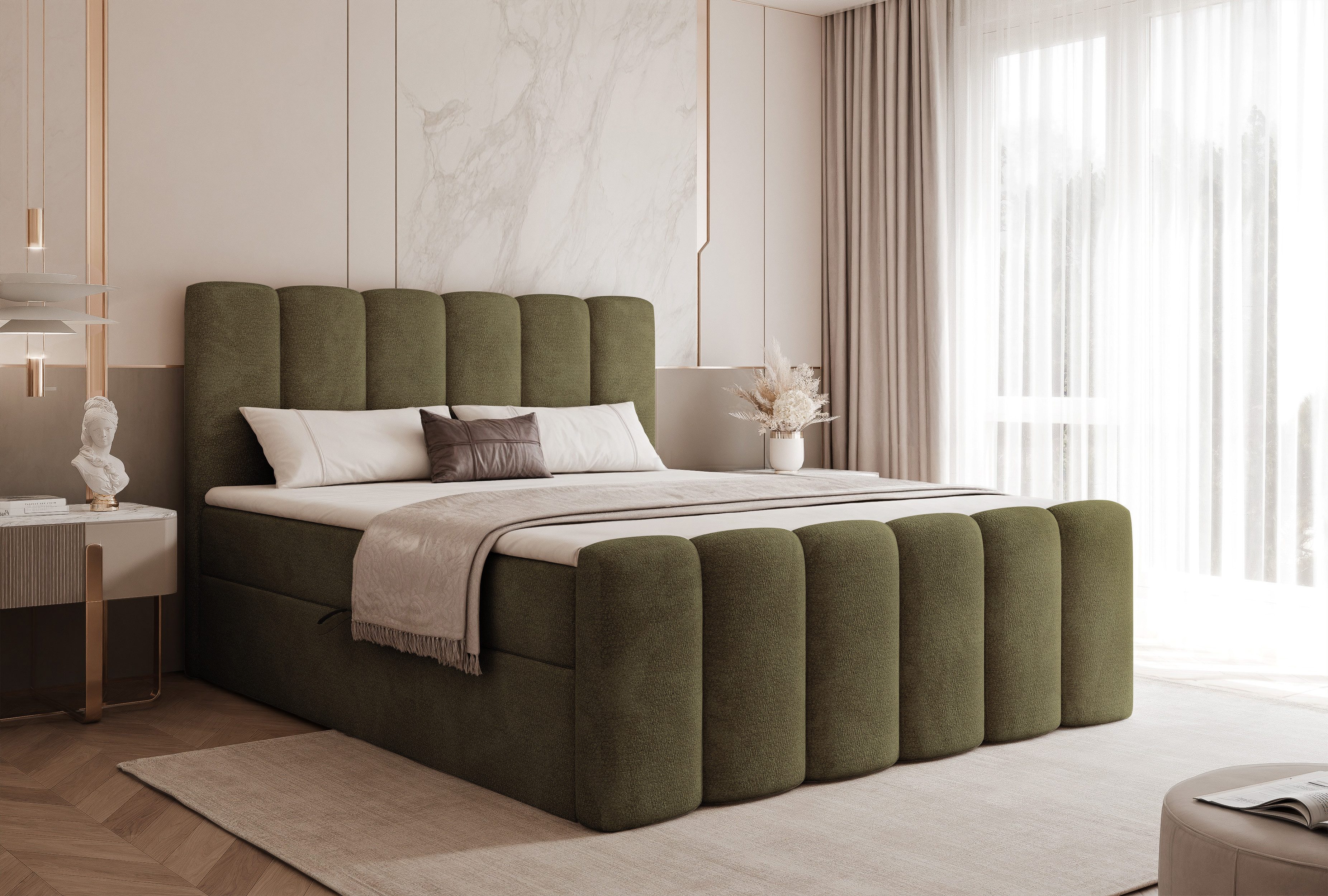 Goldstoff Boxspringbett Elegantes Bett "ETERNA" mit Stauraum & hohem Schlafkomfort (120–200x200 cm, Seitenhöhe: 54 cm), Modernes Polsterbett mit Stauraum & komfortabler Liegehöhe