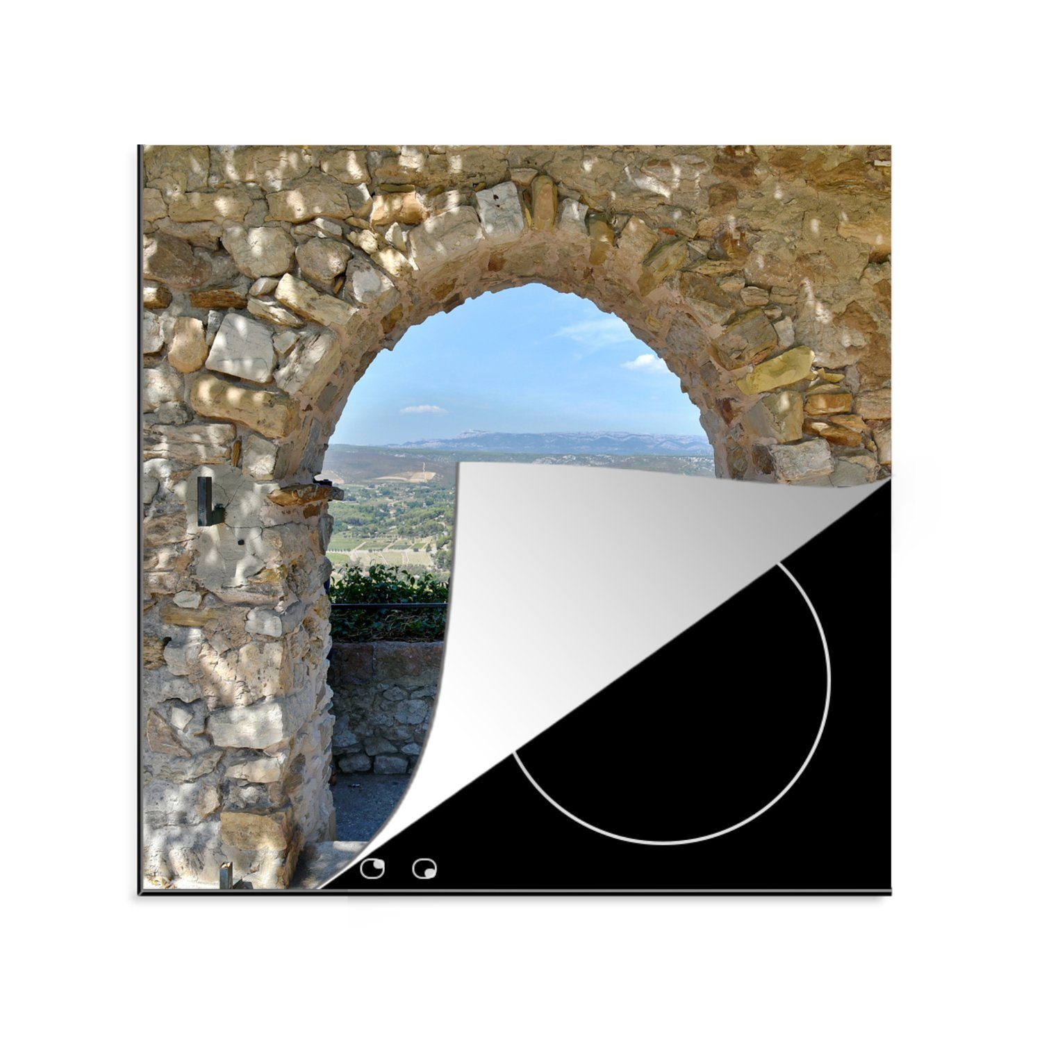 MuchoWow Herdblende-/Abdeckplatte Blick von einem Steinbogen über eine Gemeinde in Frankreich, Vinyl, (1 tlg), 78x78 cm, Ceranfeldabdeckung, Arbeitsplatte für küche