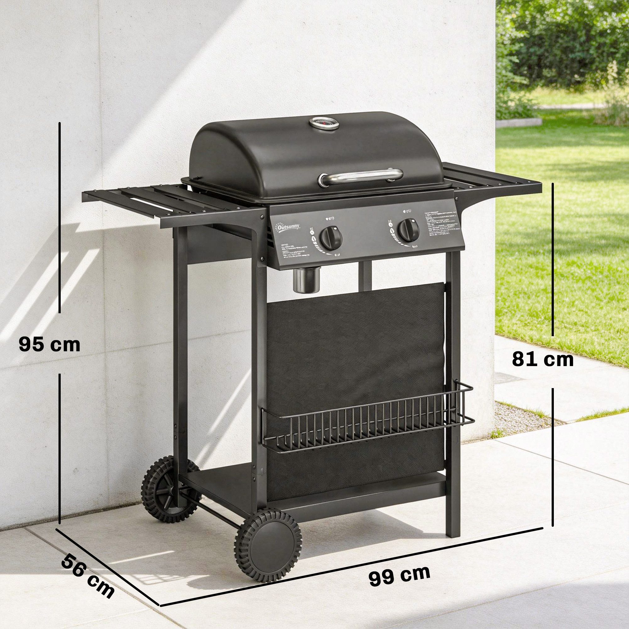 Outsunny Gasgrill inkl Seitentisch, Unterkorb, Frontabdeckung, Thermometer, Grillrost, Gas-Grill, Grillwagen, für Balkon Party