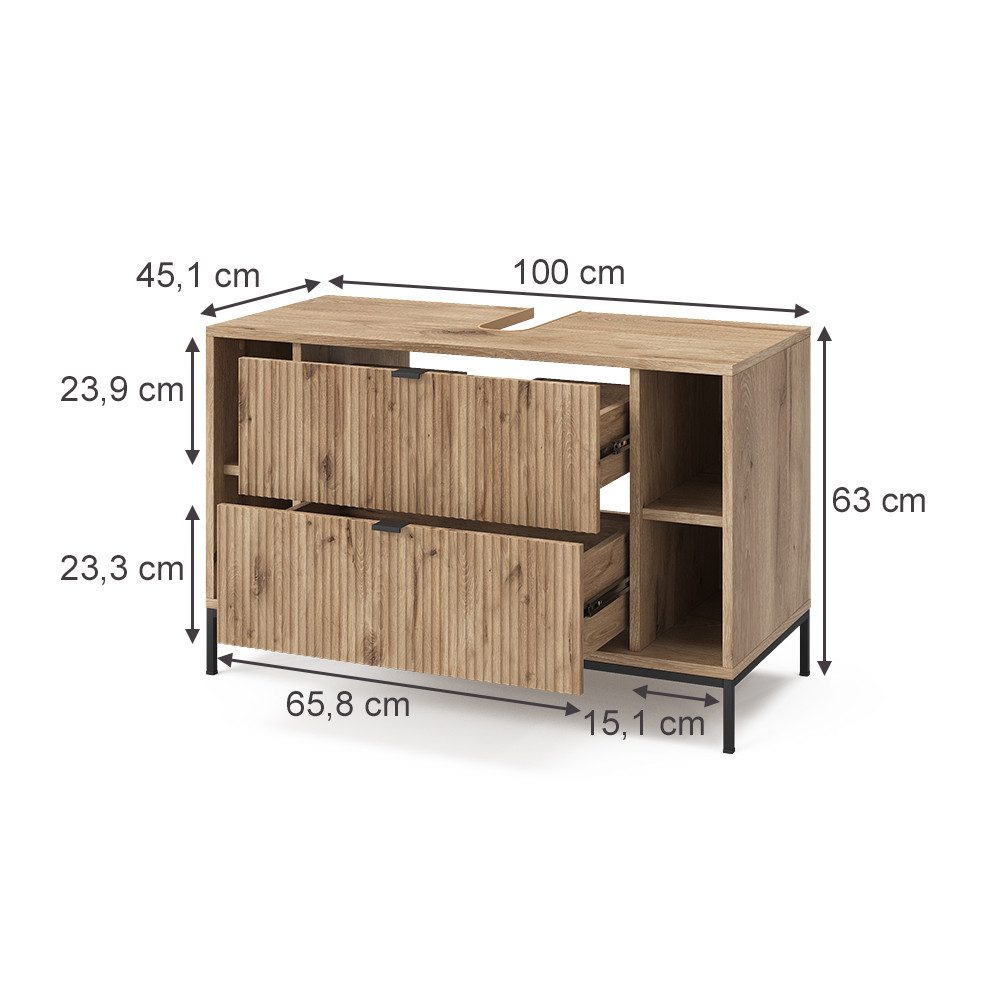 Vicco Waschbeckenunterschrank Eliza, Viking Oak, 100 x 63 cm mit 2 ausziehbaren Schubladen (1-St) – Bild 2 von 5