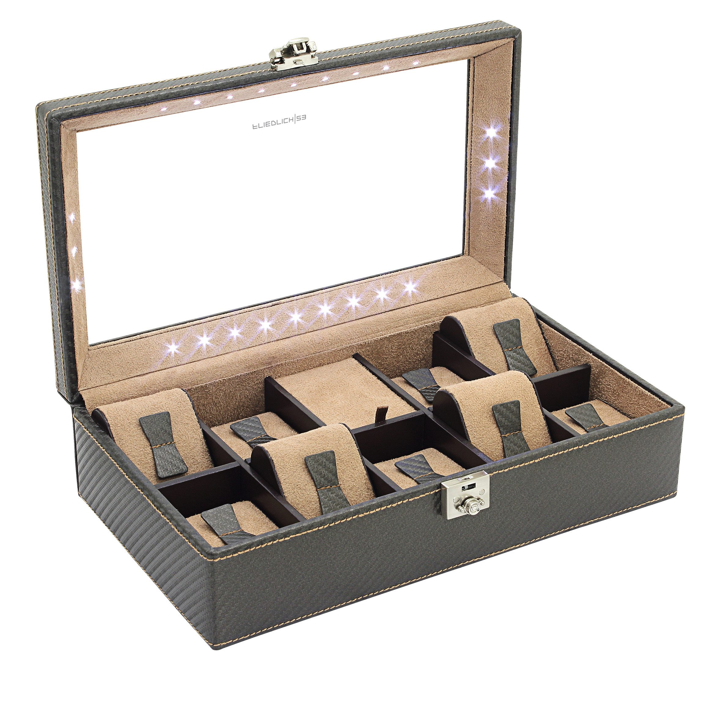 Uhrenbox Carbon mit LED für 9 Uhren