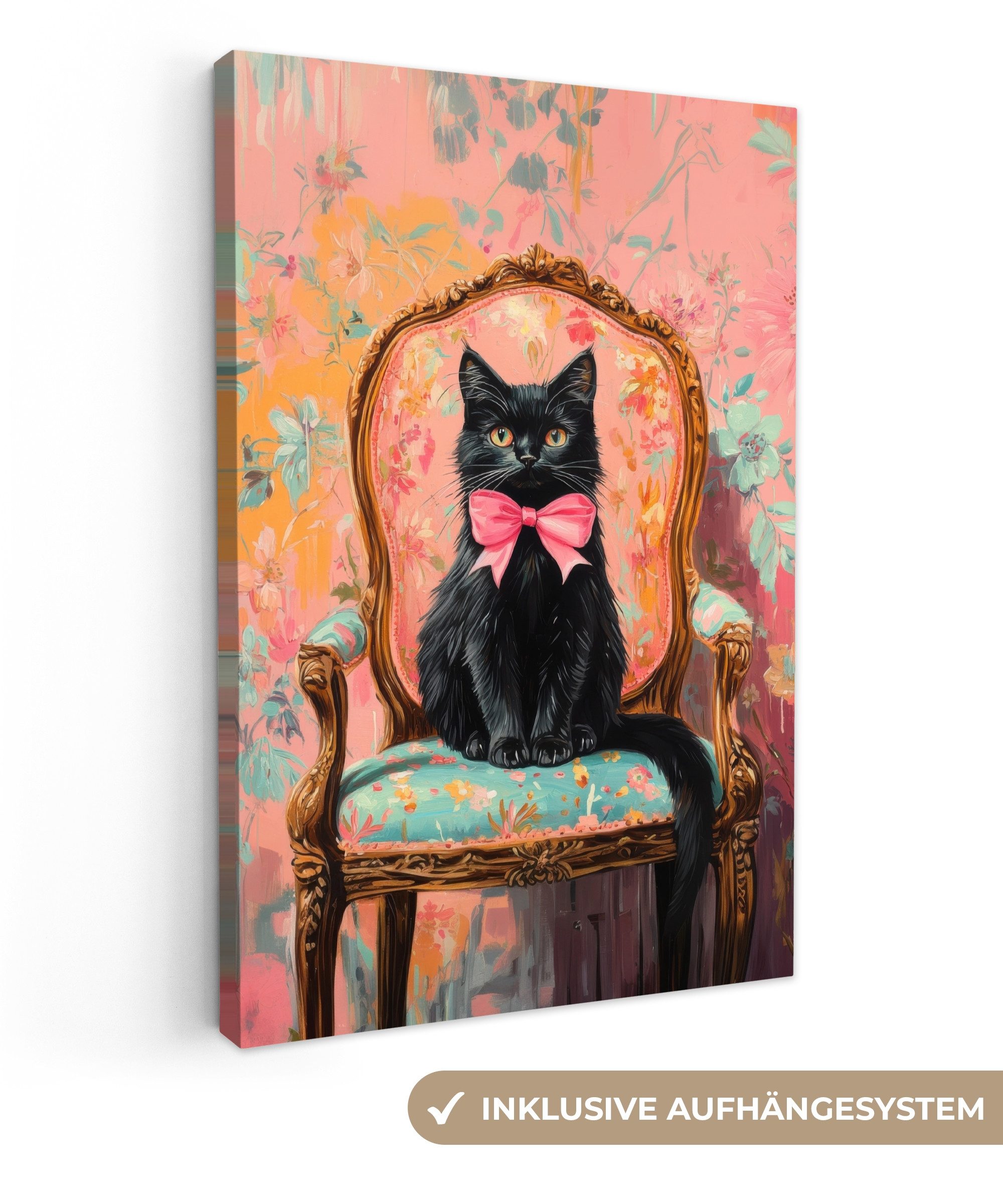 OneMillionCanvasses® Leinwandbild Katze - Rosa - Stuhl mit Blumenmuster, Fo günstig online kaufen