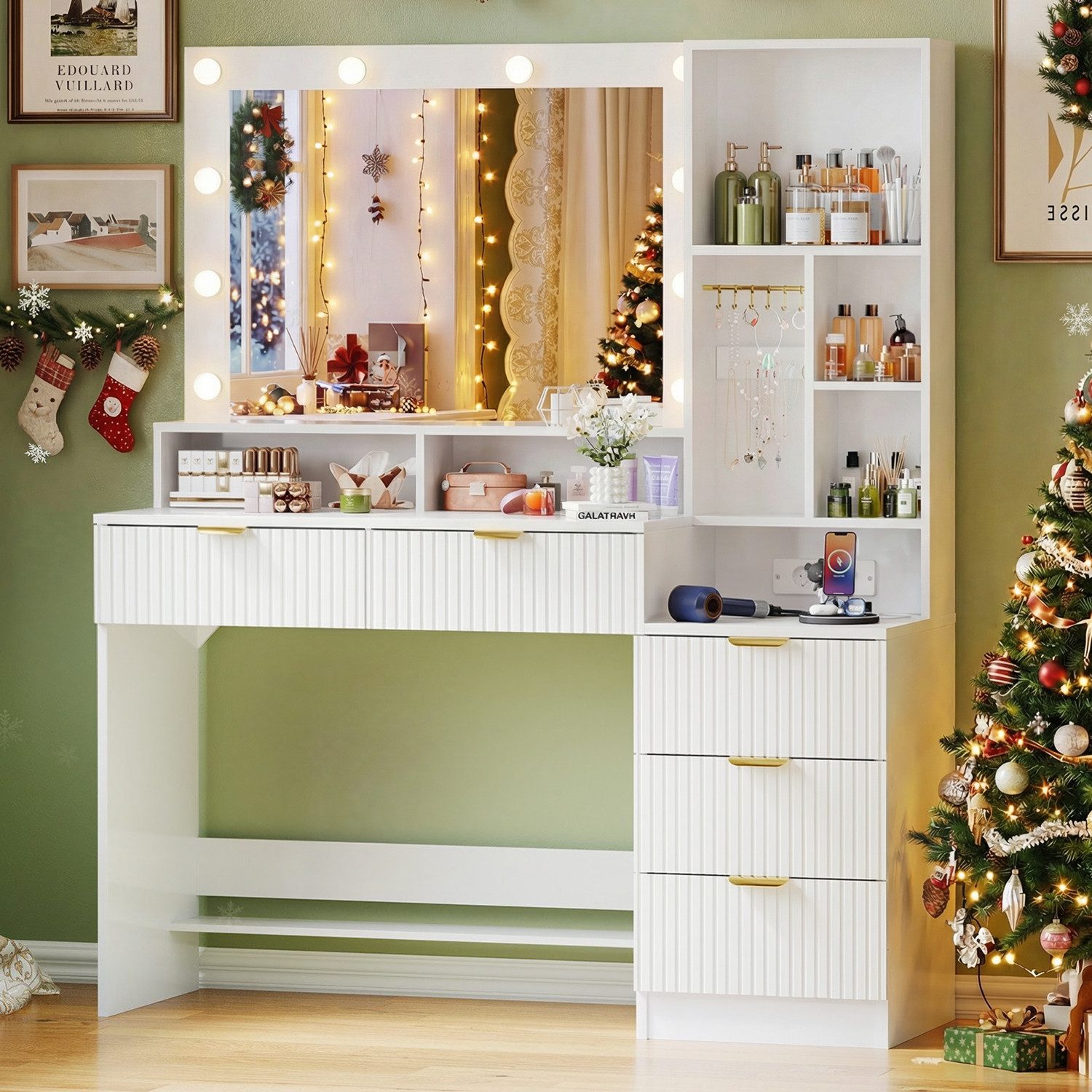 Furnicopia Schminktisch Einstellbare LED-Beleuchtung Fünf Schubladen und si günstig online kaufen