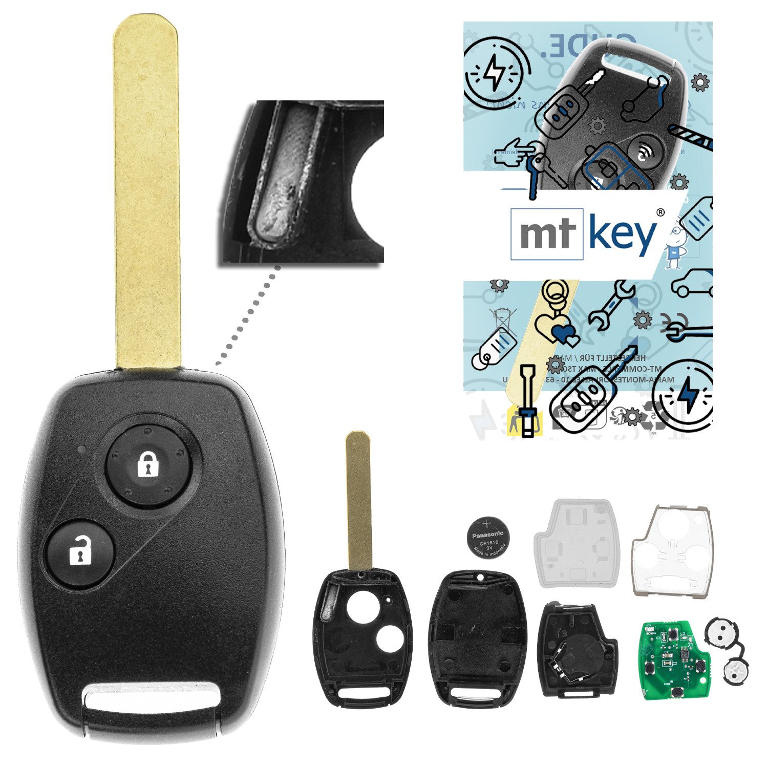mt-key Schlüsseltasche 2 Tasten Auto Fernbedienung Funk Schlüssel 434MHZ (Set), für Honda Accord (VII, 03–05); Accord (VII, 06–09); Accord (VIII, ...