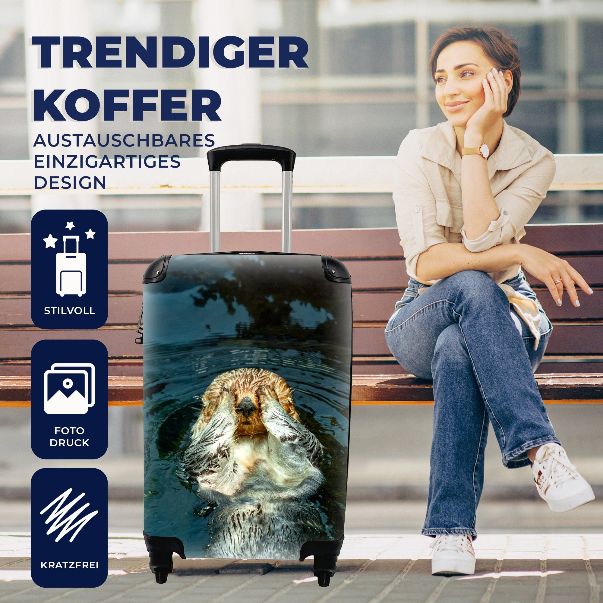 MuchoWow Handgepäckkoffer Otter im Wasser 4 Rollen, Trolley, liegend, Reisetasche Reisekoffer rollen, mit Ferien, Handgepäck für