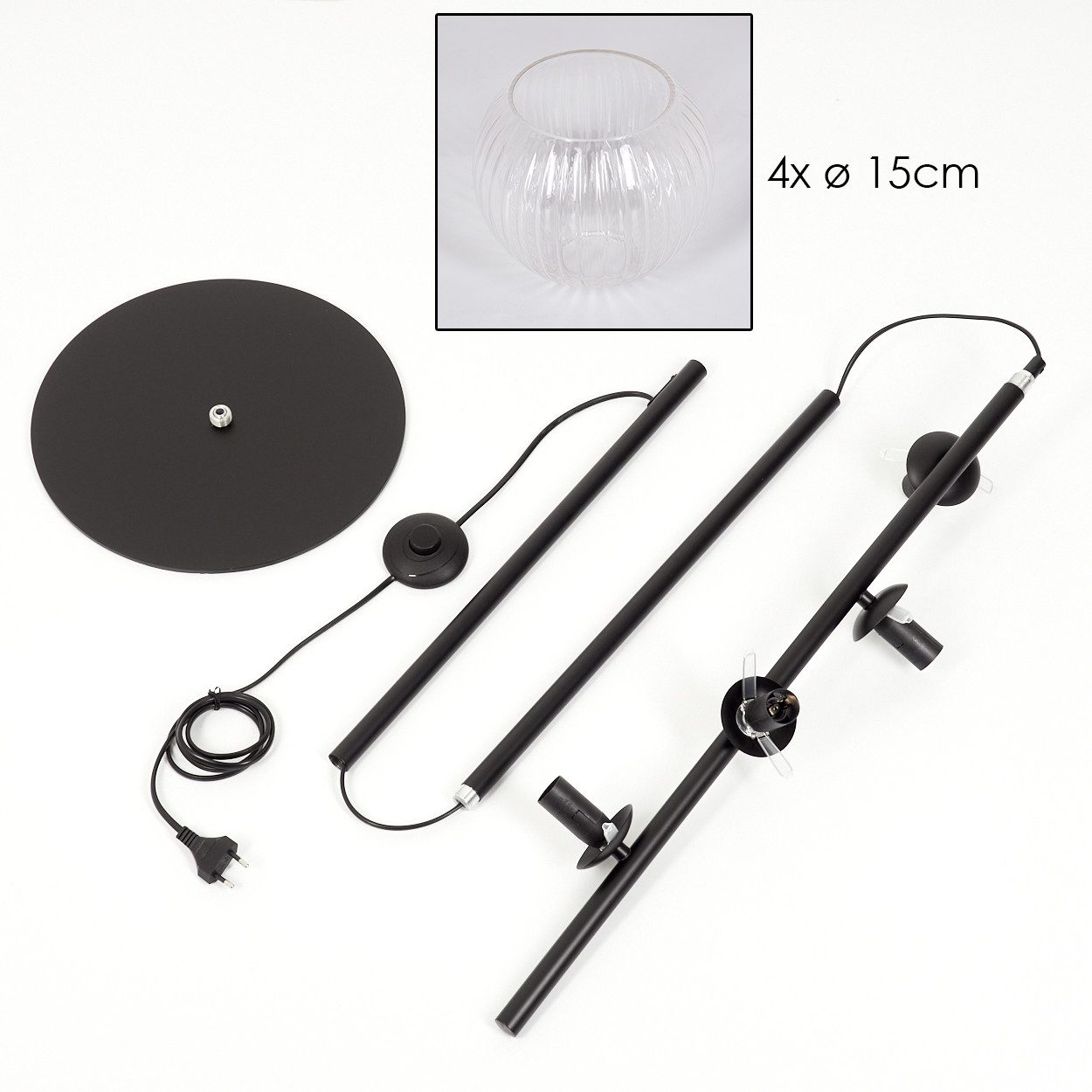 hofstein Stehlampe Stehlampe aus Metall/Riffelglas in Schwarz/Klar, Retro/Vintage-Design, ohne Leuchtmittel, moderne Stehleuchte, Ø Schirme 15 cm, Fußschalter, 160 cm, E14