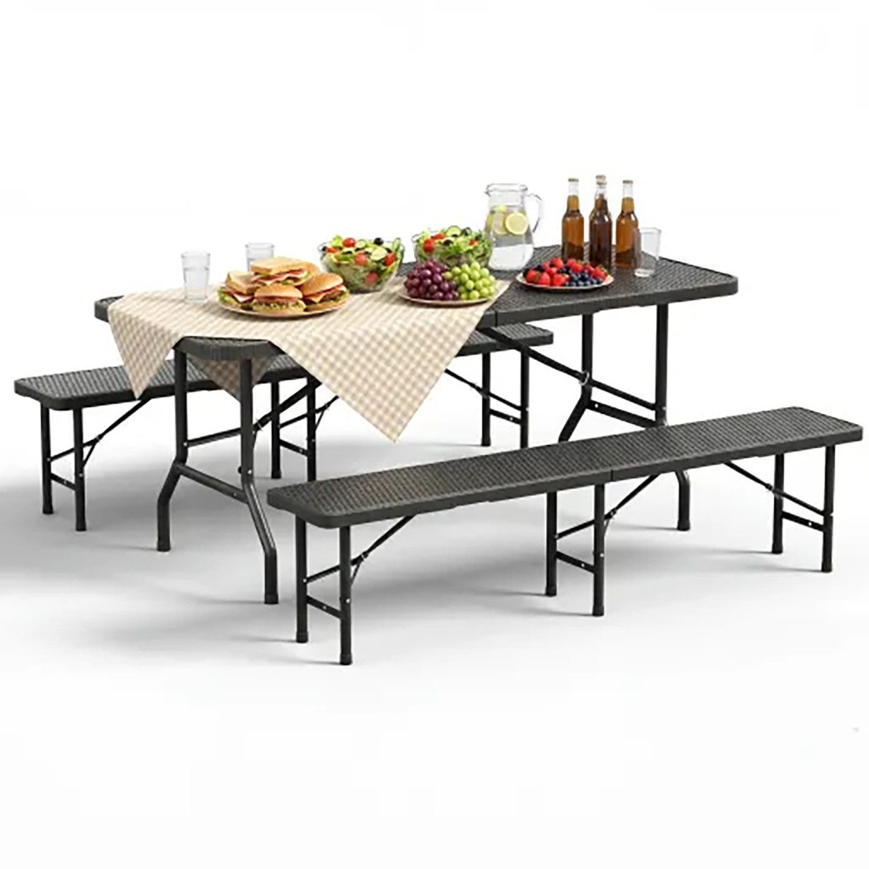 GUNJI Bierzeltgarnitur klappbar Festzeltgarnitur Gartenmöbel set 3-teiliges Set, (1 Biertisch & 2 Bierbank), Klappbares Gartenmöbel Set Rattan-Optik, 150kg Tragfähigkeit
