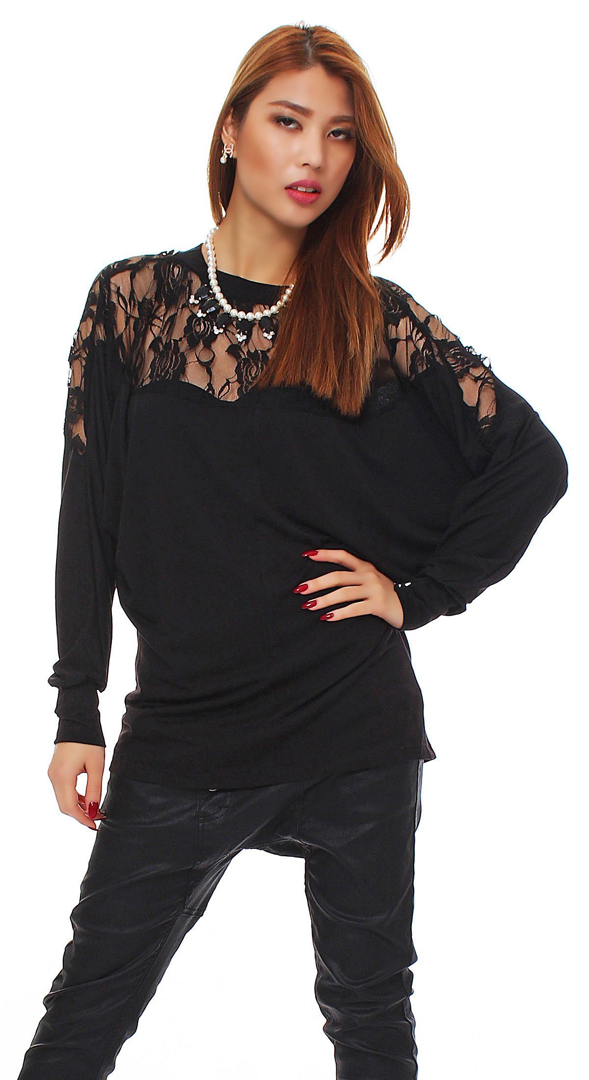 Spitze Shirt Spitzen Bluse M.9009 T-Shirt Fledermauspullover Schwarz Mississhop Spitzenshirt