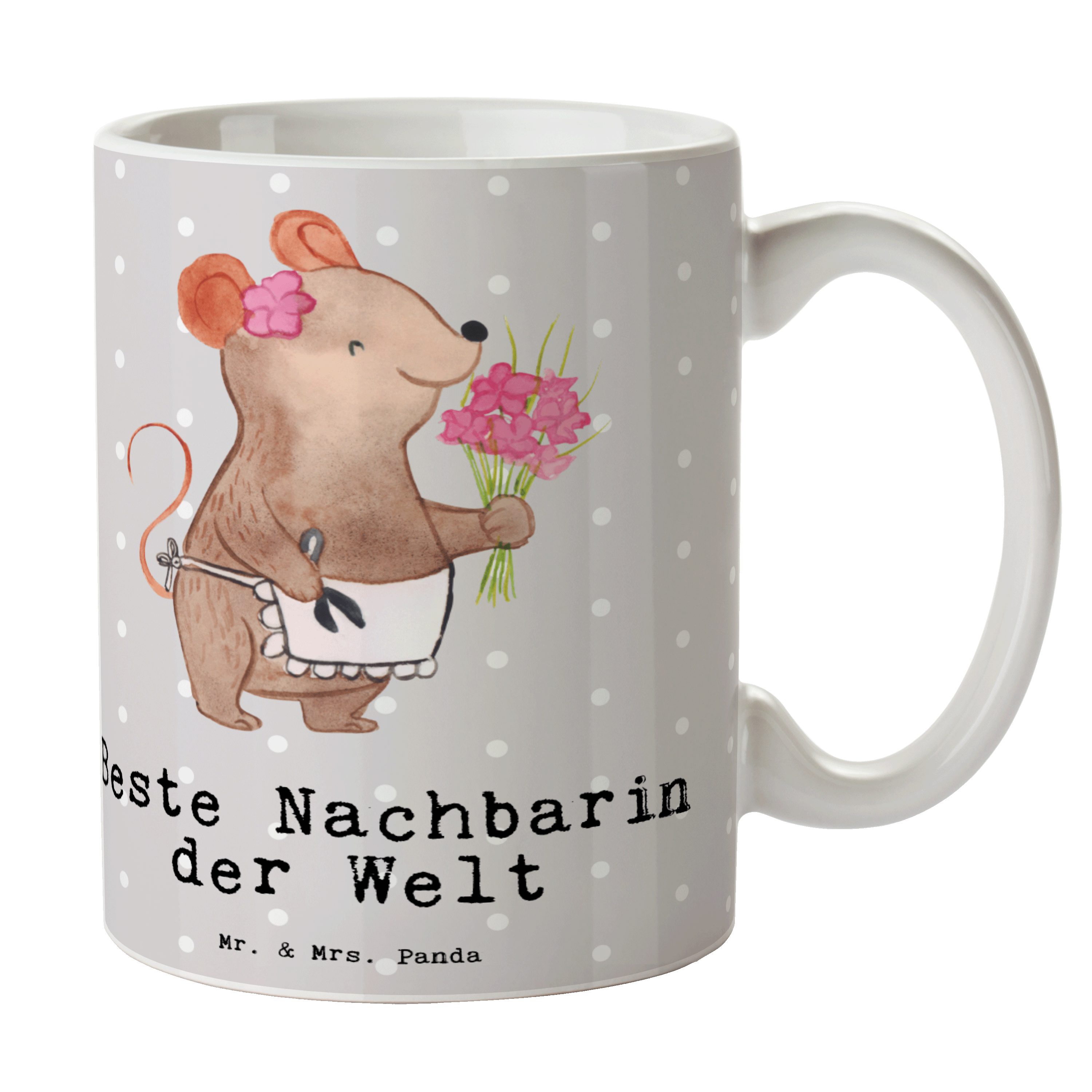 Mr. & Mrs. Panda Tasse Maus Beste Nachbarin der Welt - Grau Pastell - Geschenk, Kaffeetasse, Keramik