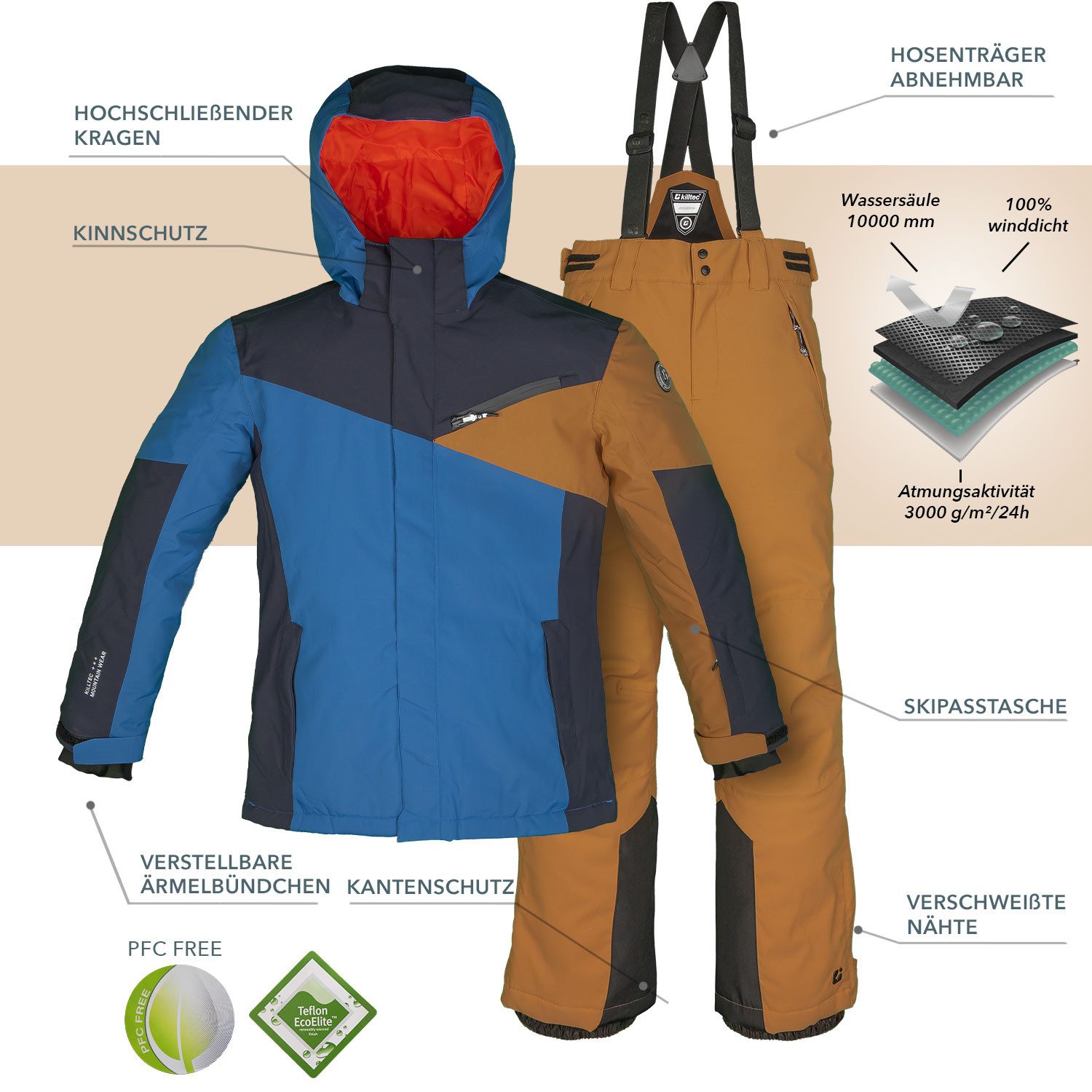 Killtec Skianzug Jungen Kinderskianzug Skijacke dunkelblau + Skihose braun, verschweißte Nähte