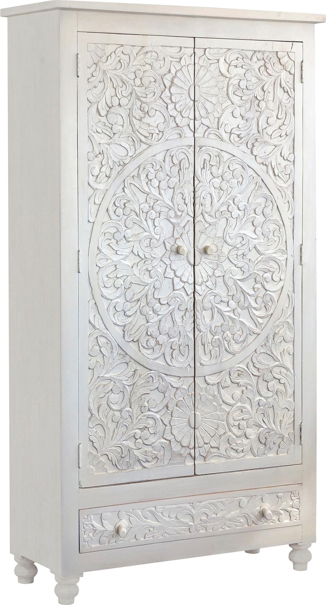 OTTO home Kleiderschrank Fenris pflegeleichtes Mangoholz, mit dekorativen Schnitzereien, Höhe 180 cm