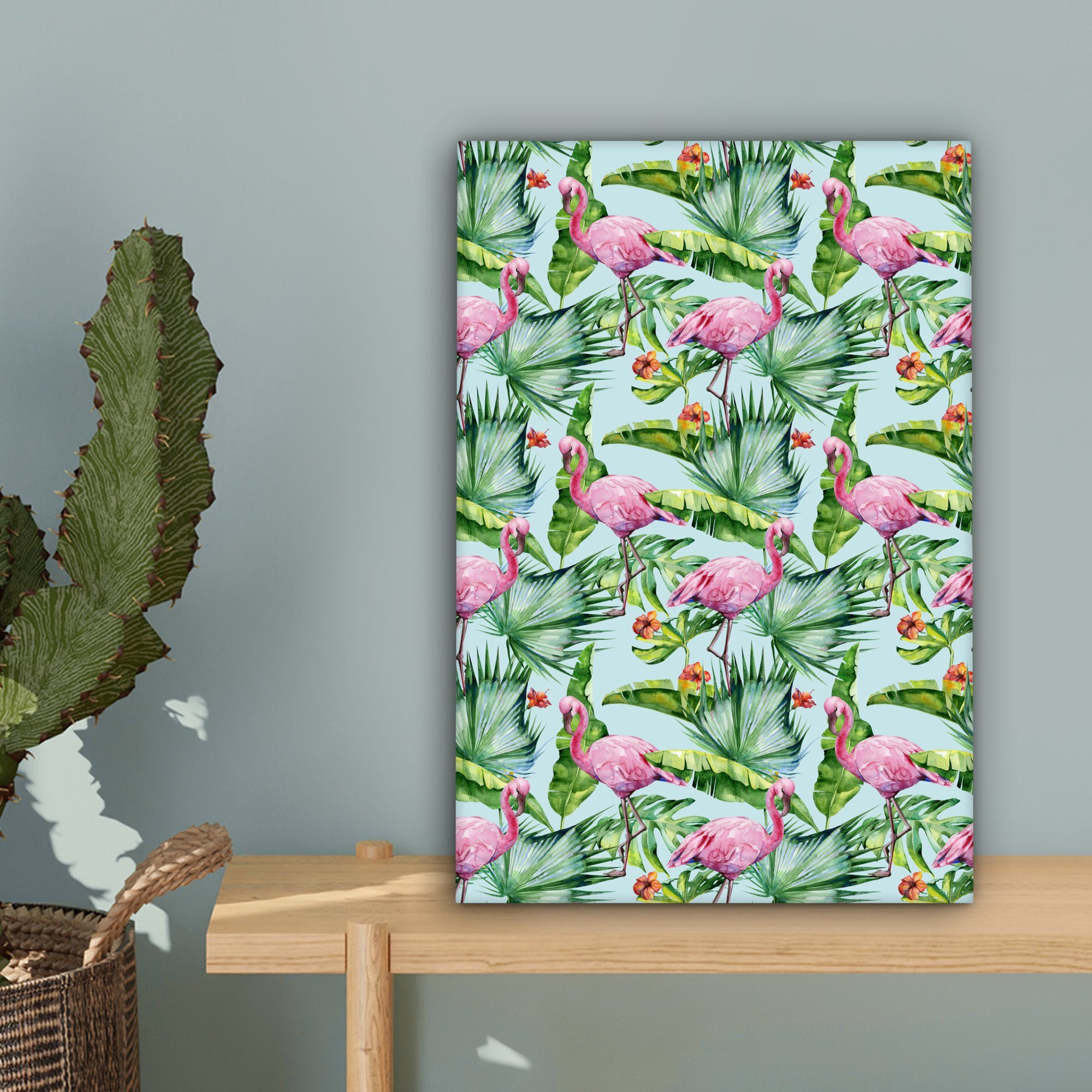 Tropisch, Hibiskus - bespannt OneMillionCanvasses® Zackenaufhänger, fertig inkl. Gemälde, - 20x30 Leinwandbild St), Flamingo (1 Leinwandbild cm