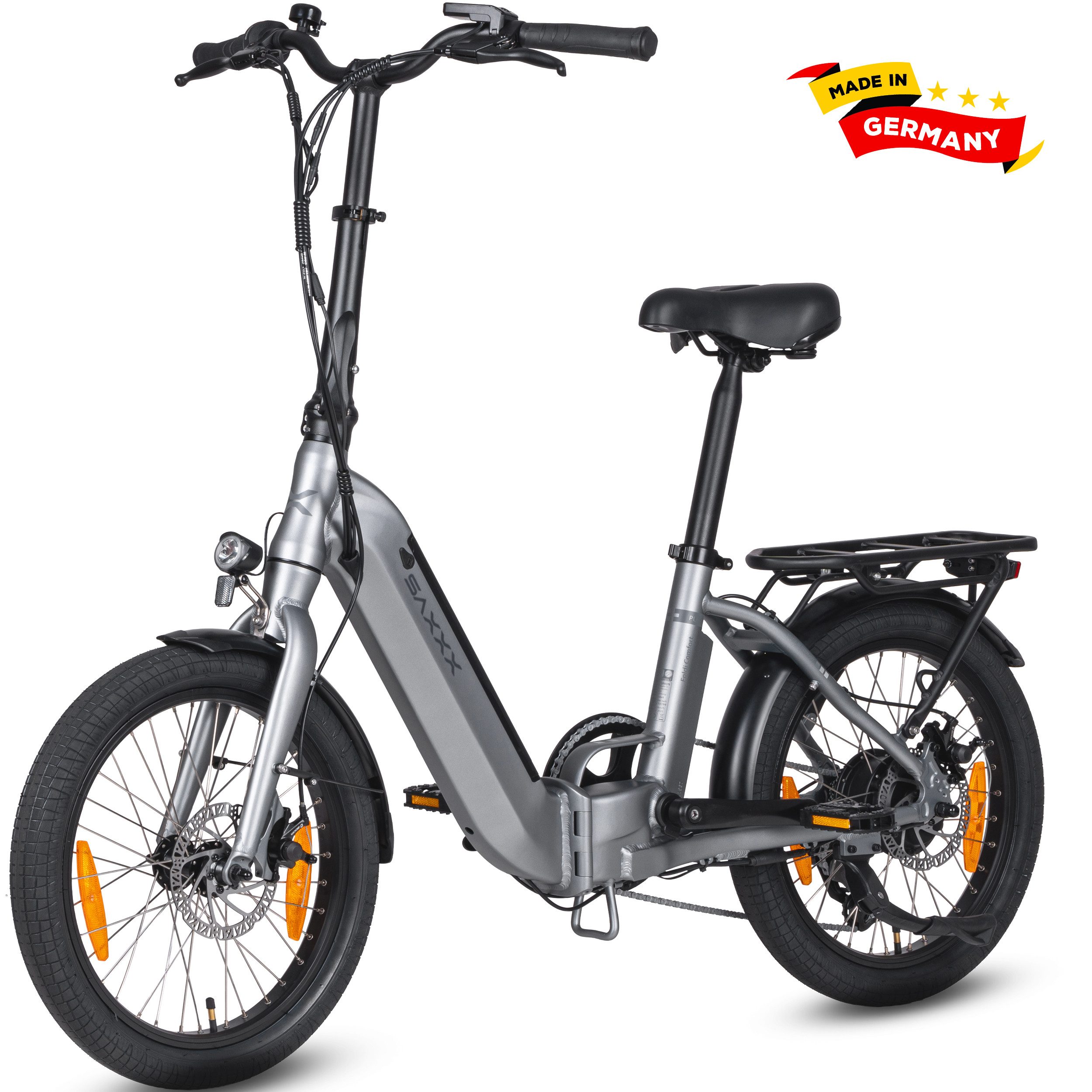 SAXXX E-Bike Klapprad 20 x 2,3'' SAXXX FC, 410,4Wh, 55-100km, nur 24kg, für Damen und Herren, 7 Gang Shimano Nexus Schaltwerk, Kettenschaltung, Heckmotor, 410,4 Wh, (mit entnehmbarem Akku, mit Gepäckträger, 95 % vormontiert), RH: 33cm, E-Faltrad bis zu 130kg, Pedelec E-Citybike mit Tiefeinstieg