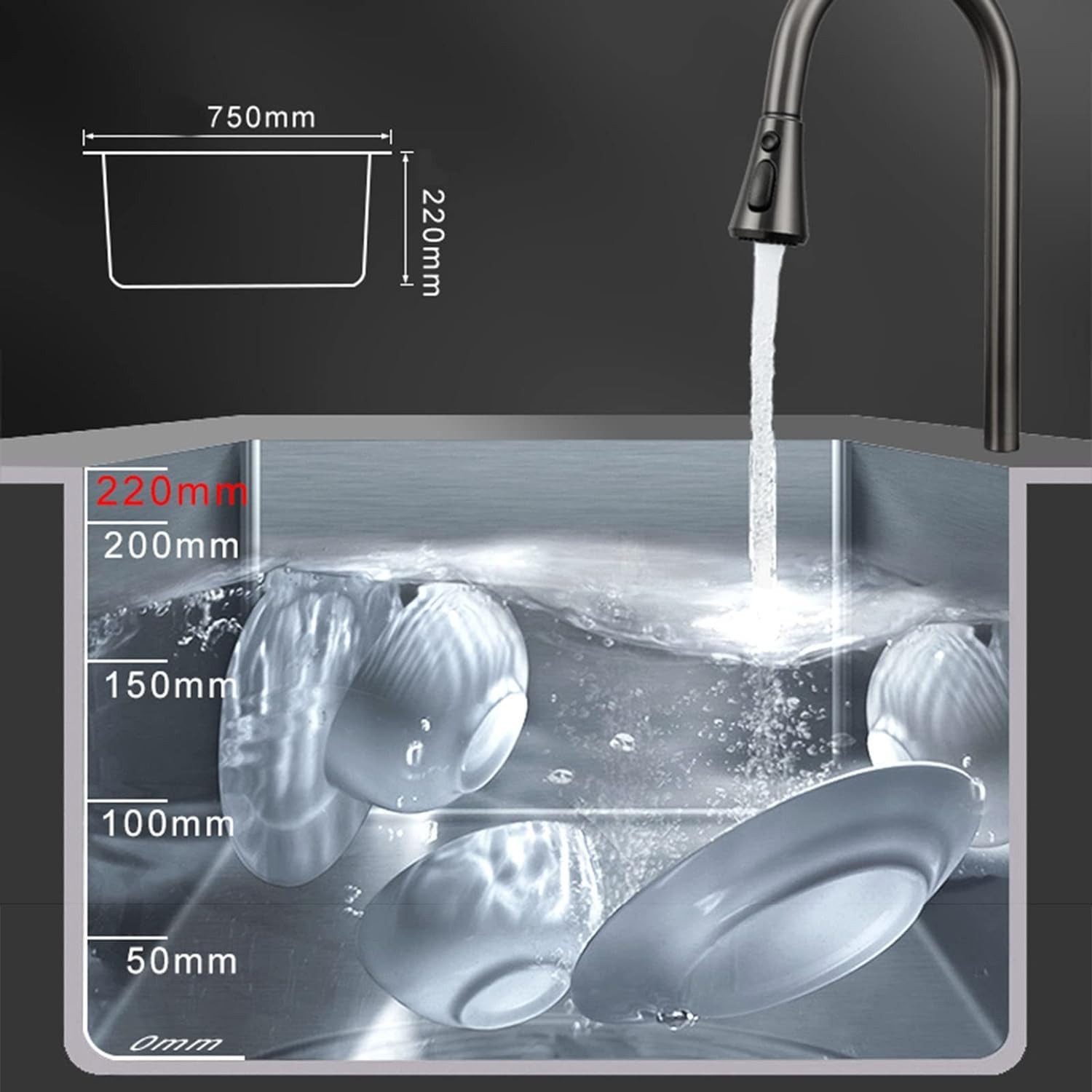 Faizee Home Edelstahlspüle Neom Edelstahlspüle & Nano in Silber, Gold, Schwarz – 4 Modelle, 75/20.5 cm