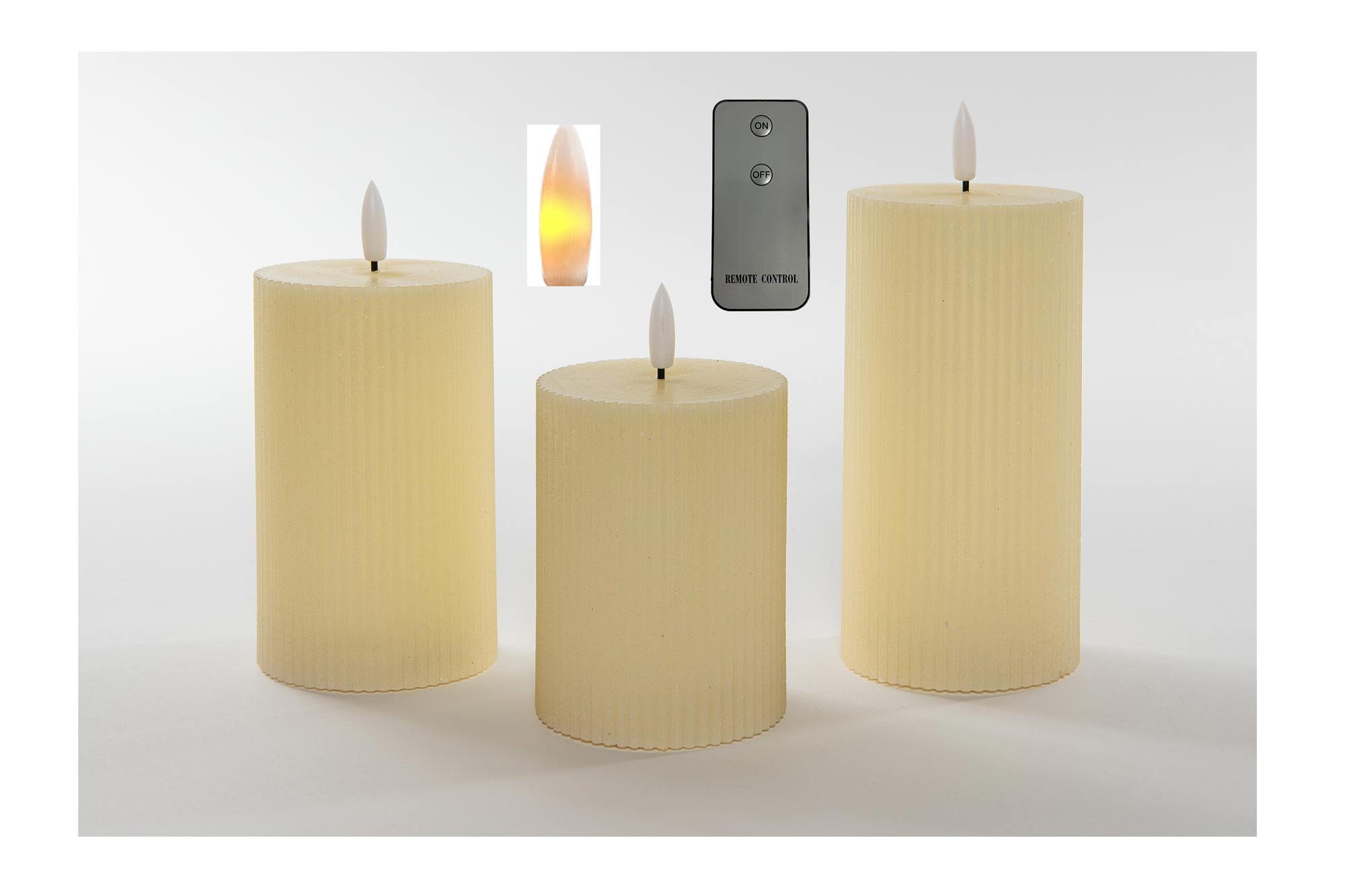Coen Bakker Deco BV LED-Kerze Wax Candles (Set, 4-tlg., mit Fernbedienung), 3 Stück elfenbein Fernbedienung 10, 12.5 und 15cm geriffelt
