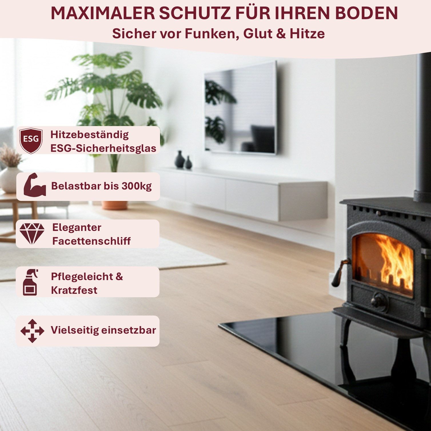 HOOZ Bodenschutzplatte aus 6mm ESG 80x80cm, quadratische Funkenschutz Fasettenschliff Schwarz, Kamin Glas, 1-St., belastbare Glasauflage, Glasplatte, Schutzglas, Bodenschutzglas für Kamin, Ofen und Boden