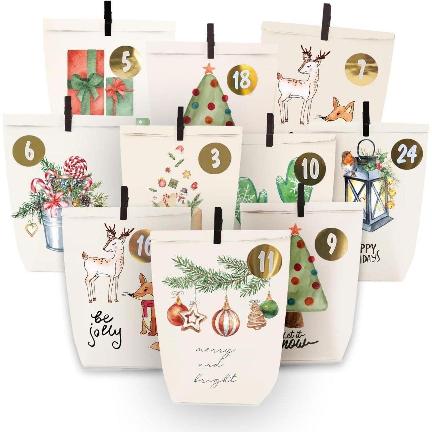 LuxusKollektion DIY-Adventskalender Adventskalender zum Befüllen Weißer Aquarellstil DIY Kraftpapiertüten