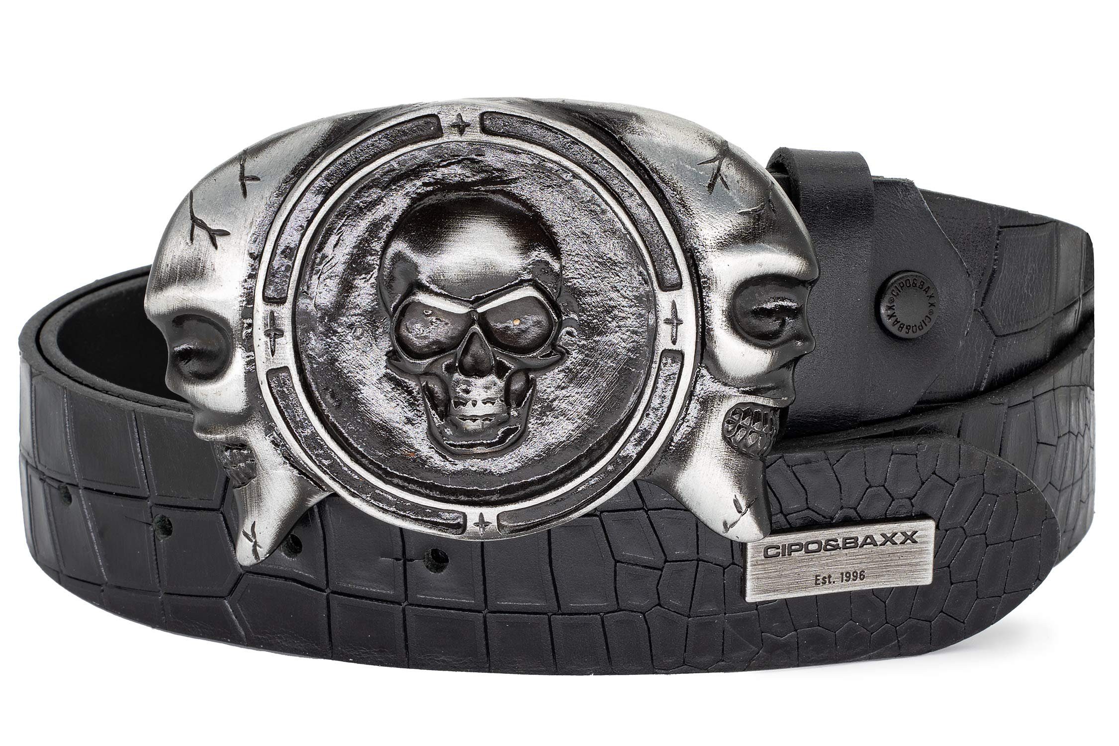 Cipo & Baxx Ledergürtel Herren Ремни BA-CG198 mit Totenkopf Schnalle und Metall Patch