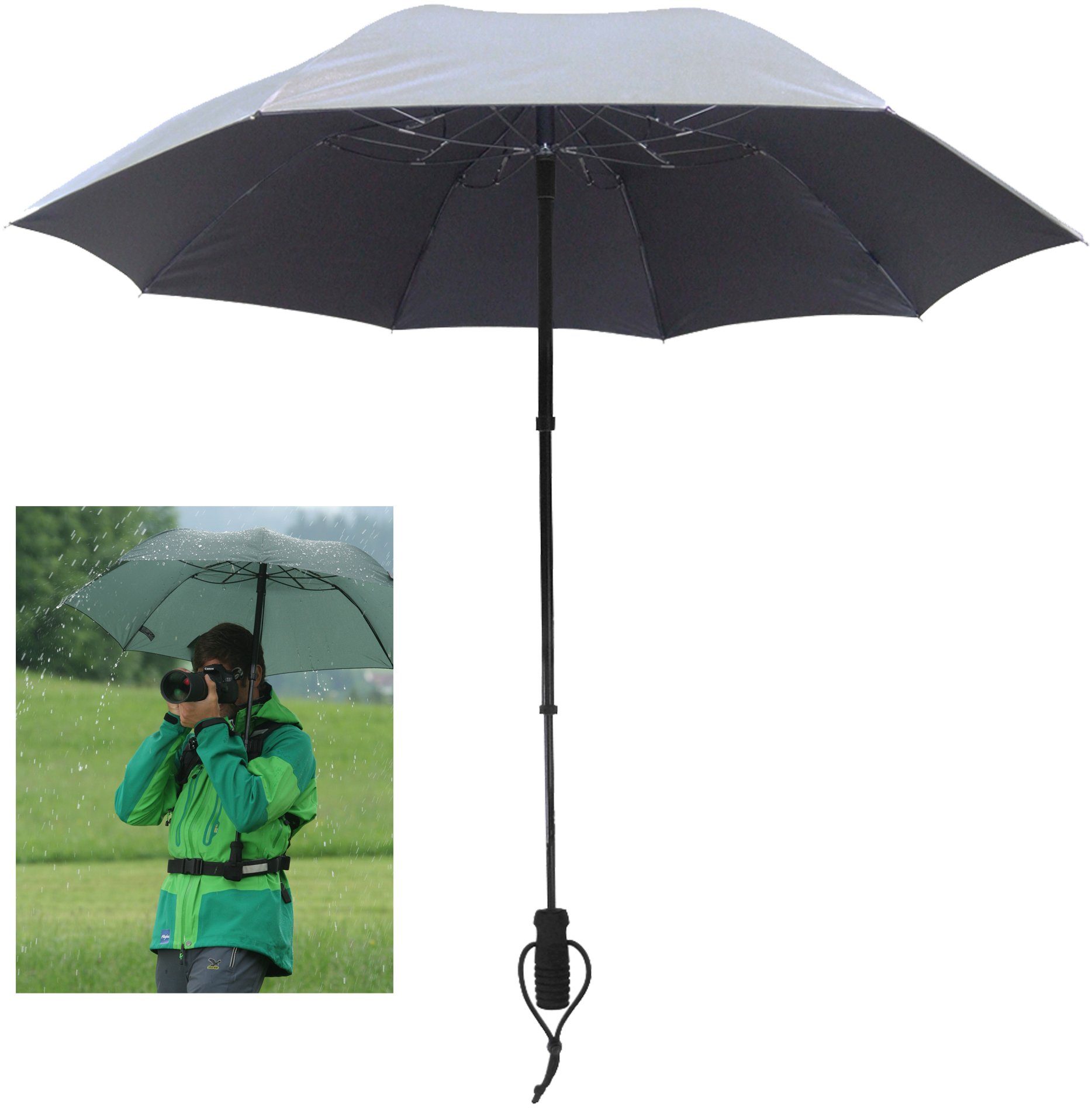 [Shop zum Verkauf mit dem niedrigsten Preis] EuroSCHIRM® Taschenregenschirm teleScope handsfree, handfrei 50+ mit UV-Lichtschutzfaktor silber, tragbar