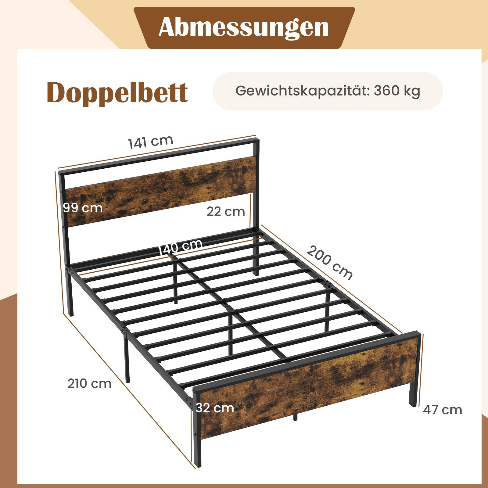 COSTWAY Metallbett (1-tlg), Bettgestell, Plattformbett, für 140x200 cm Matratze