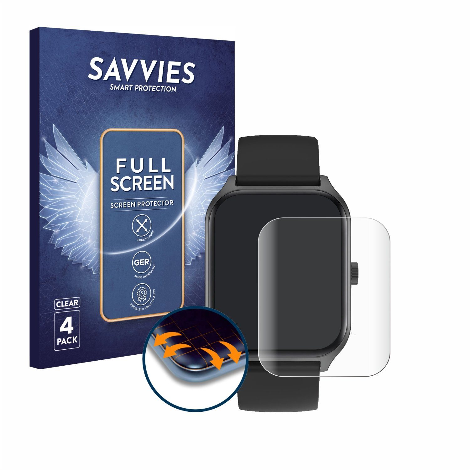 Savvies Displayschutzfolie Fullscreen Schutzfolie für Yuede Smartwatch 1.96", 4 Stück, Displayschutz Folie Fullcover Klar Transparent