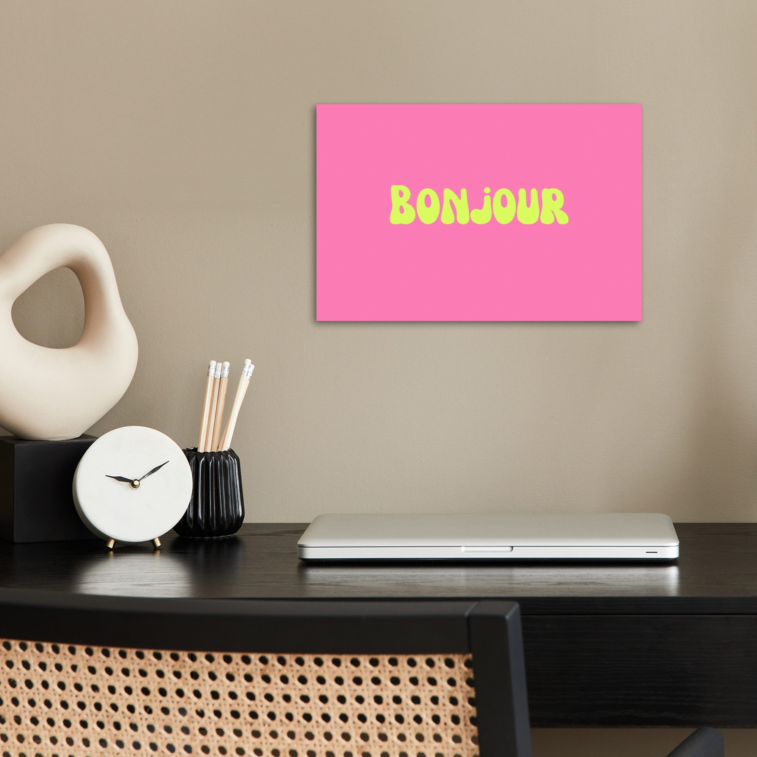 MuchoWow Poster Rosa - Grün - Bonjour - Bio, (1 St), Poster ohne Rahmen, Wandbild, Wandposter, 30x20 cm