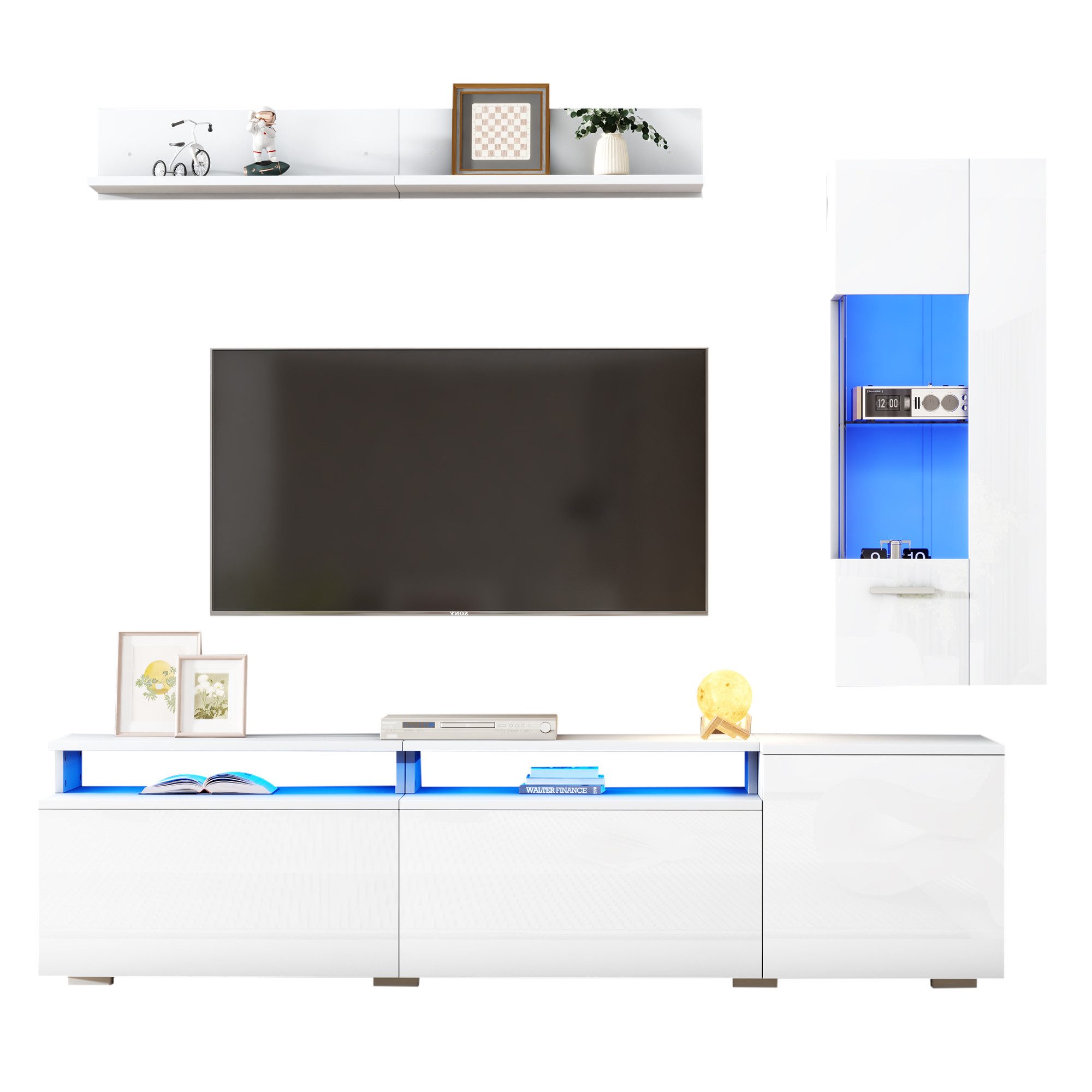 KLAM HOME Wohnwand 3-tlg. TV Wohnwand Set Weiß Hochglanz mit LED, (Wohnzimmer Möbel Set für TV bis 80 Zoll), TV Schrank + Vitrine + Hängeregal mit Beleuchtung