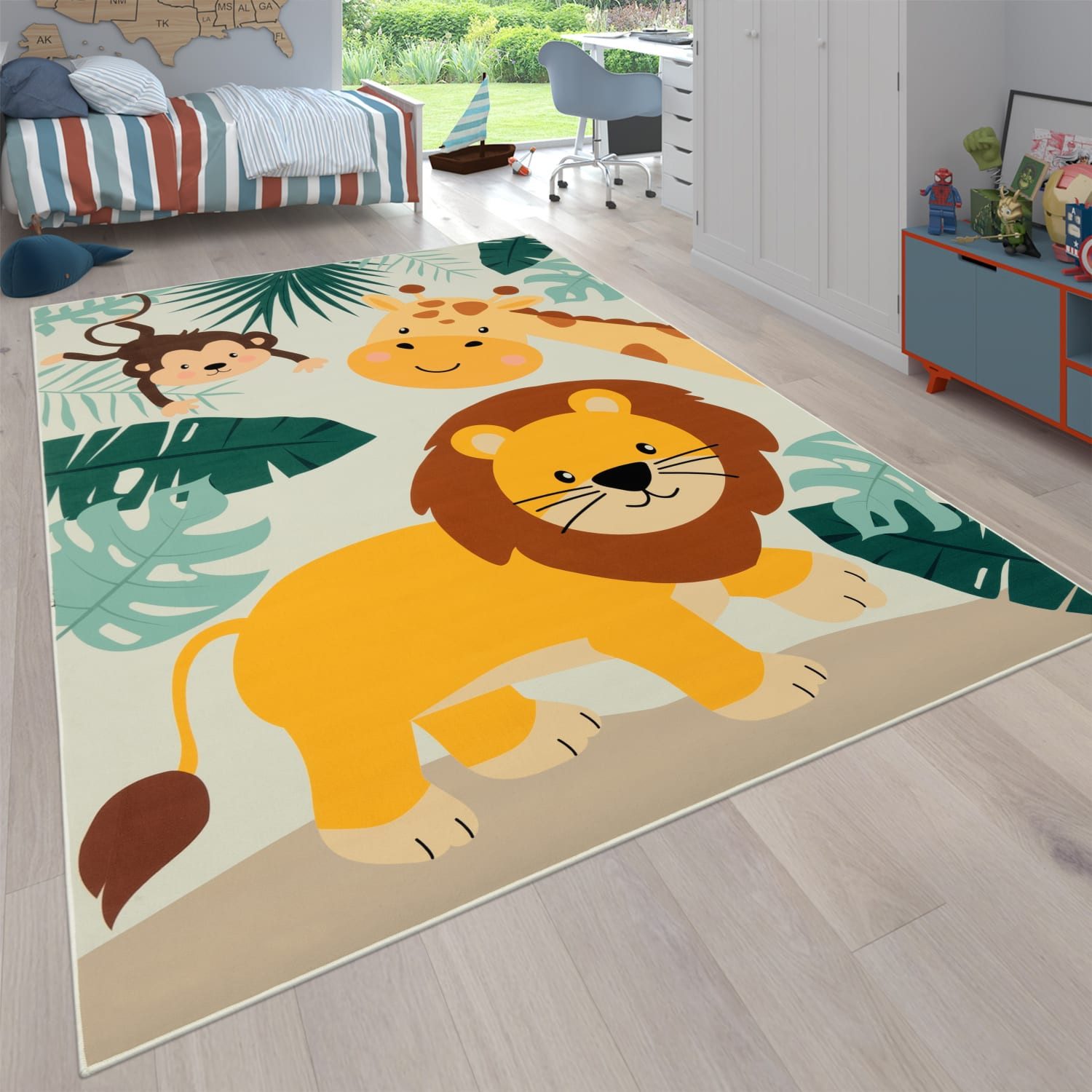 KADIMA DESIGN Kinderteppich waschmaschinenwaschbar Dschungeltiere‑Muster Kinderteppich, Rechteckig, Höhe: 4 mm, 100% Polyester, Rücken aus Felt + Dots, Rechteckig, 80x150cm, Beige