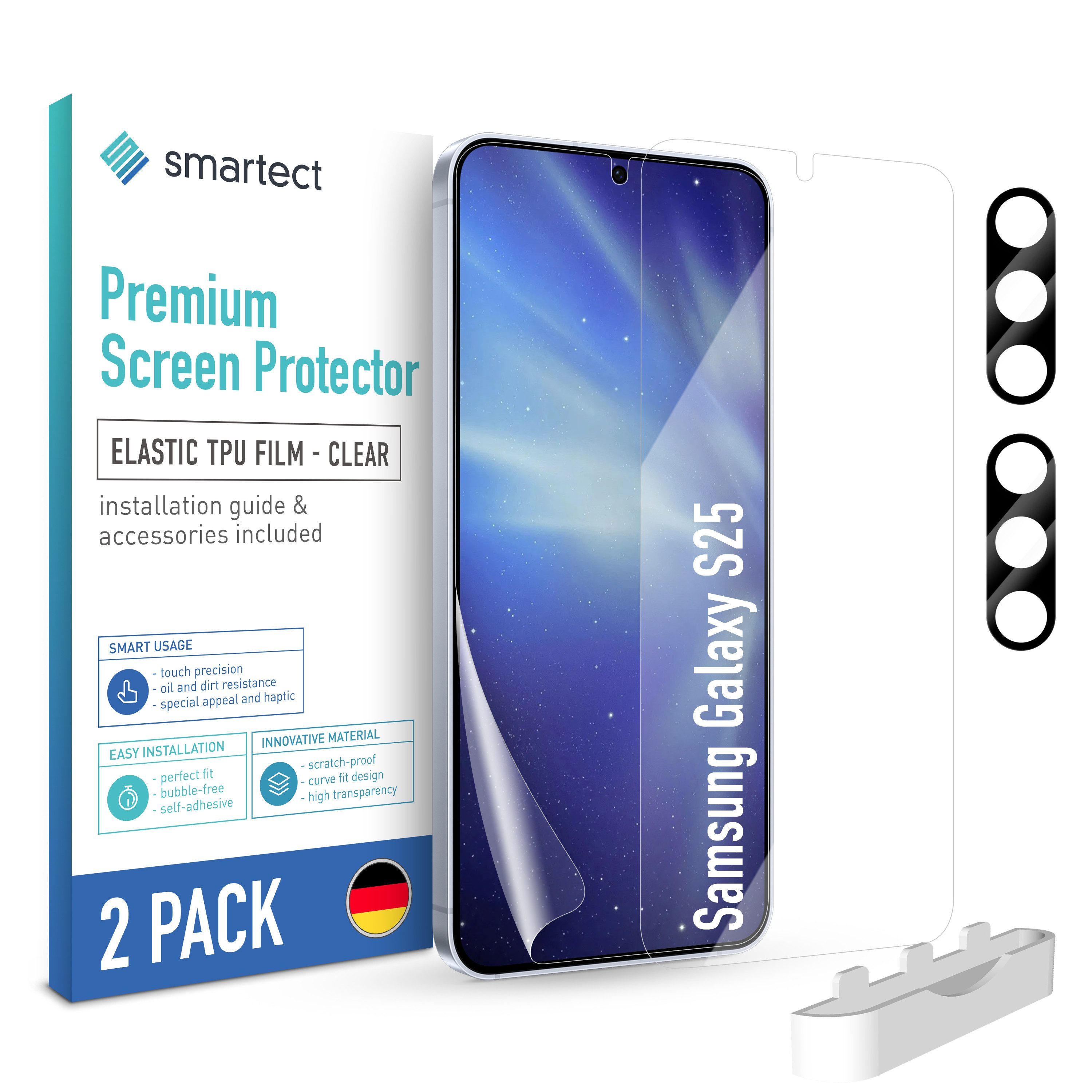 smartect Displayschutzfolie TPU Schutzfolie 2 + 2 Stück für Samsung Galaxy S25 (Display + Kamera) für Samsung Galaxy S25, Set, 2 Stück, Ultra-klar, Kratzfest, Blasenfrei, Oleophob, Fingerabdruck kompatibel