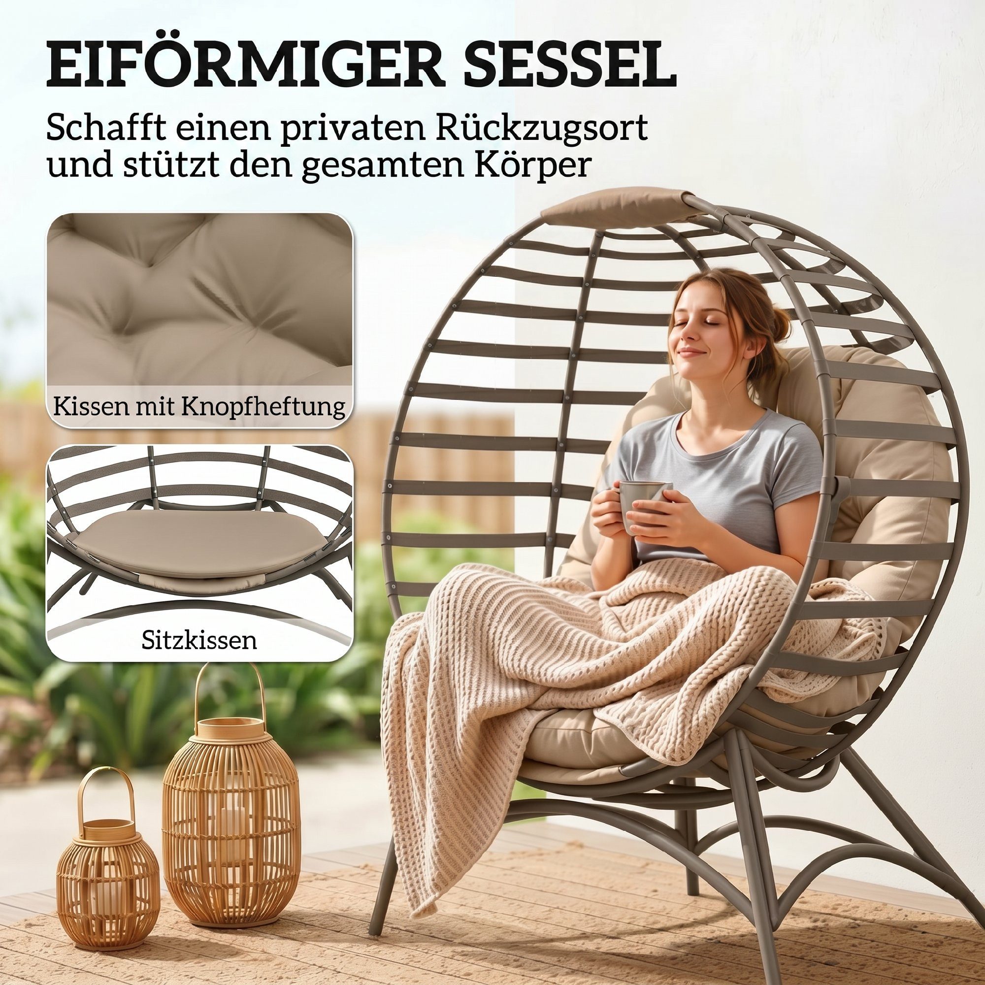 Outsunny Gartenstuhl 2Korb-Stuhl mit Kissen oval Loungesessel (Papasansessel, 1 St), für Garten, Balkon, Sand – Bild 5 von 5