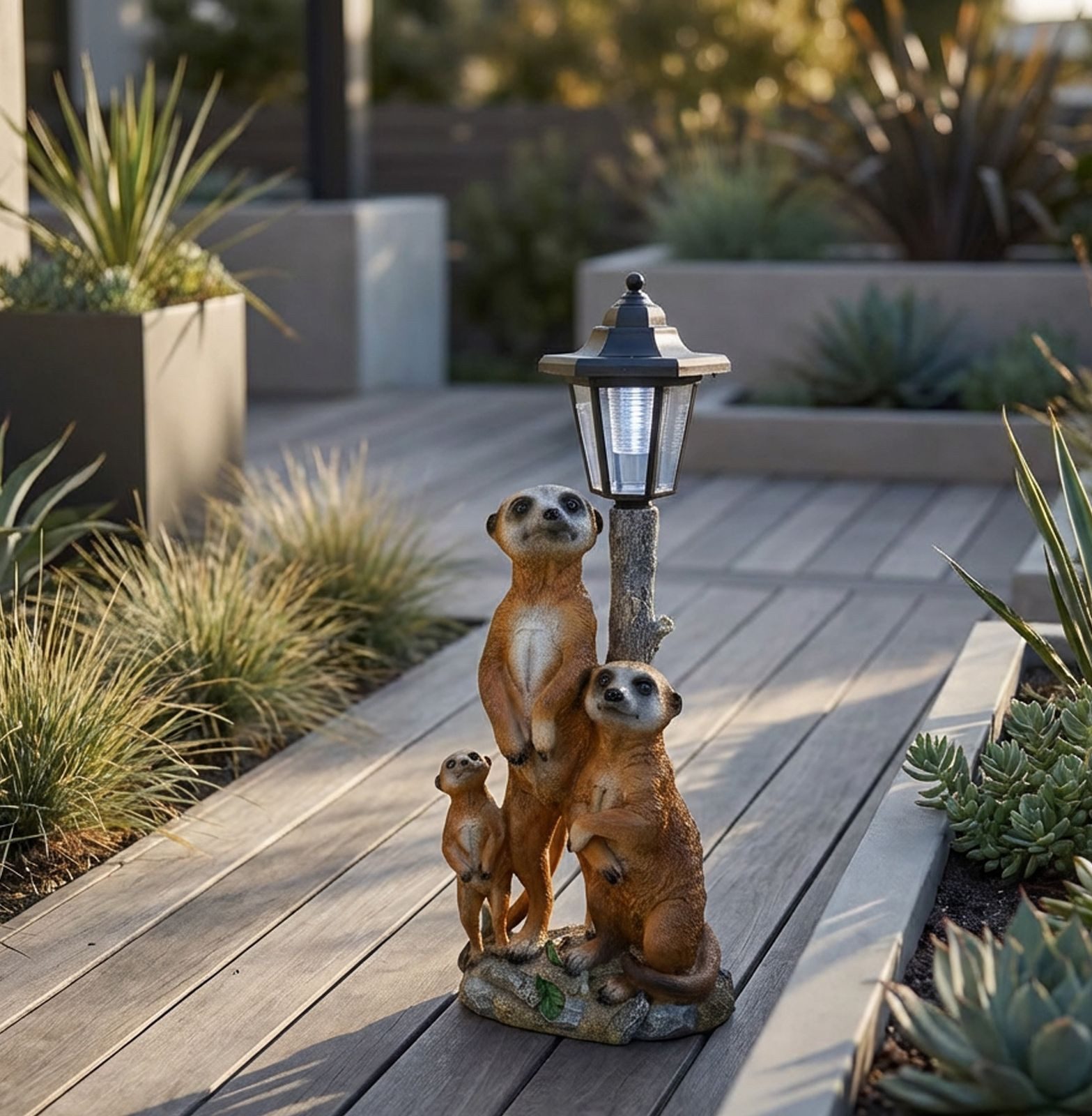 Kremers Schatzkiste Gartenfigur Erdmännchen Familie mit Solarlaterne Gartenfigur 51 cm Tierfigur