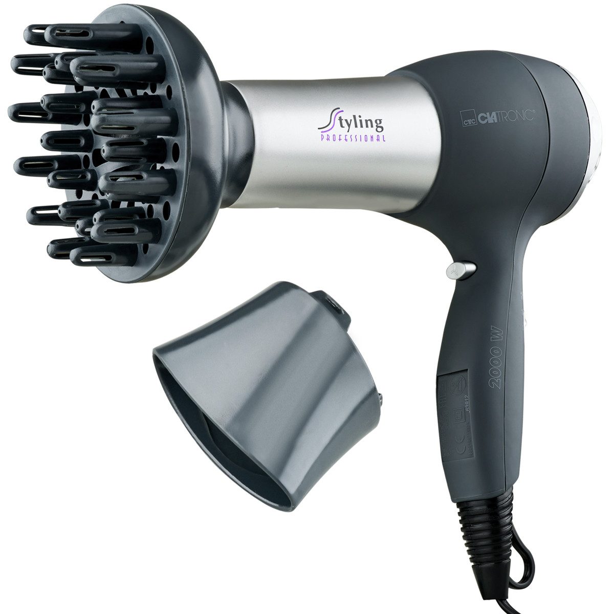CLATRONIC Haartrockner HTD 3055, Haartrockner mit Diffusor und Formdüse, 2000W