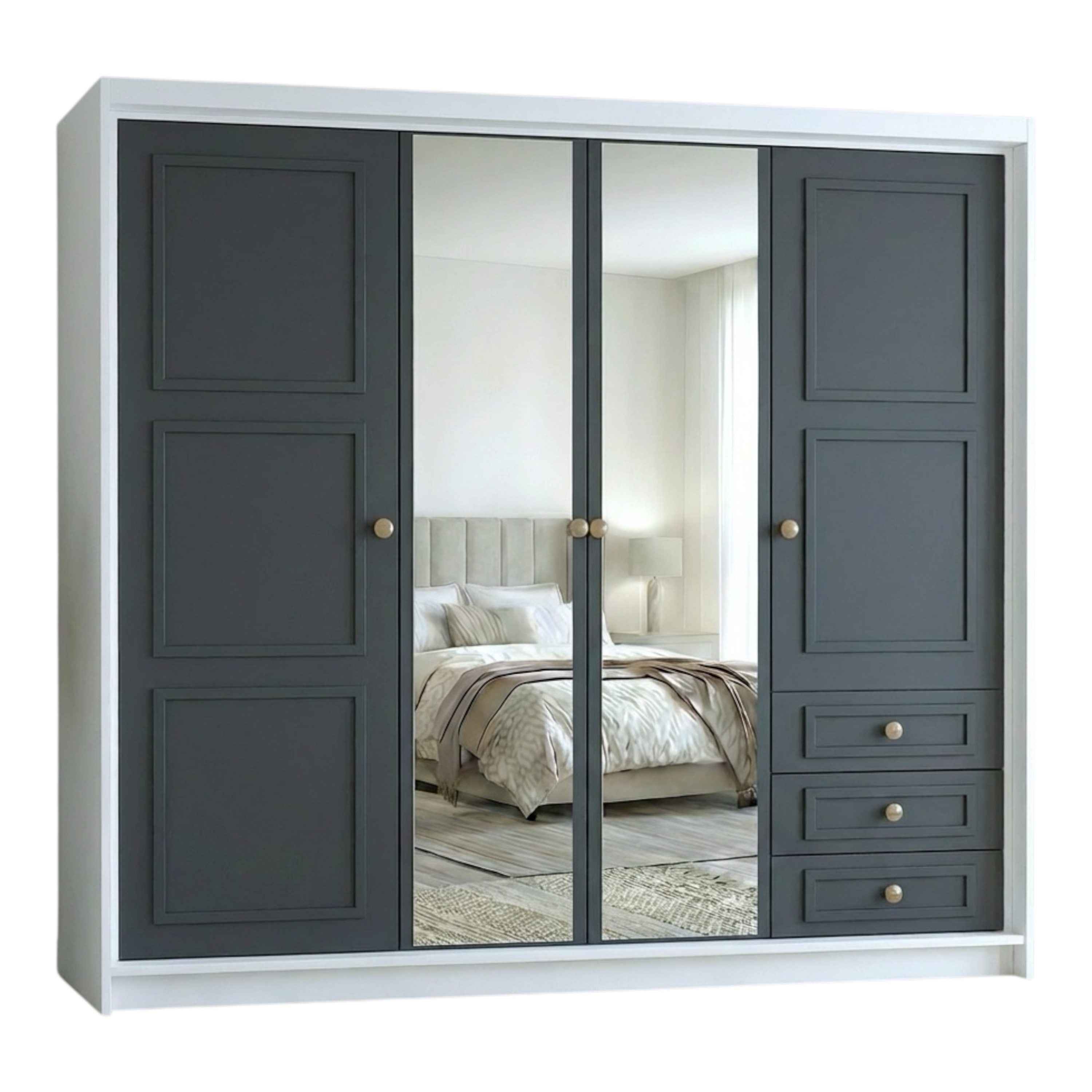 A&J MöbelLand GmbH Drehtürenschrank OSLO viertüriger Kleiderschrank mit Schubladen und Metallgriffen (Geräumiger viertüriger Kleiderschrank mit Schubladen und Metallgriffen. Geräumiger Schrank mit einer Breite von 200 cm und Schubladen, ideal zur Aufbewahrung von Kleidung und Accessoires. Viel Stauraum. TOP PRODUKT! Wählen Sie das ideale Modell für Ihr Schlafzimmer!, TOP ANGEBOT) Breite: 200 cm, Höhe: 215 cm, Tiefe: 59,5 cm