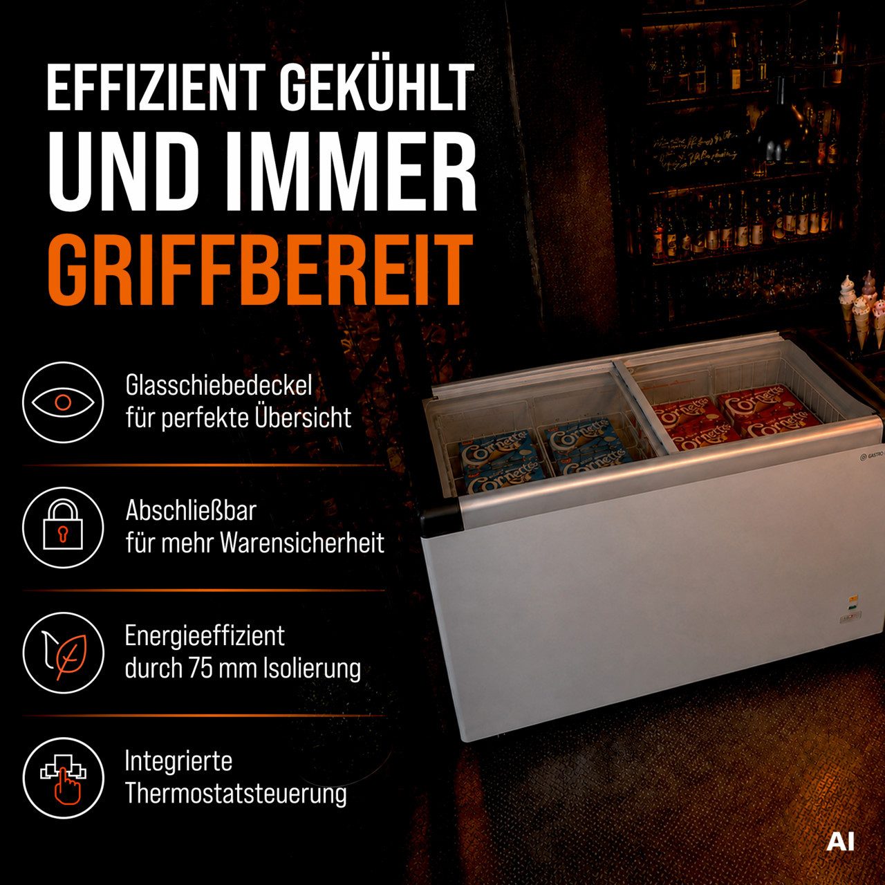 GastroHero Gefriertruhe Tiefkühltruhe 355 Liter mit Glasschiebedeckel & Rollen abschließbar TKTR-ECO450GN, 127.5 cm breit, 355 l – Bild 3 von 5