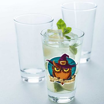 GRAVURZEILE Glas Wasserglas mit UV-Druck - Happy Halloween Eule Design, Glas, Stilvolle Halloween Dekoration - Eule mit Hexenhut