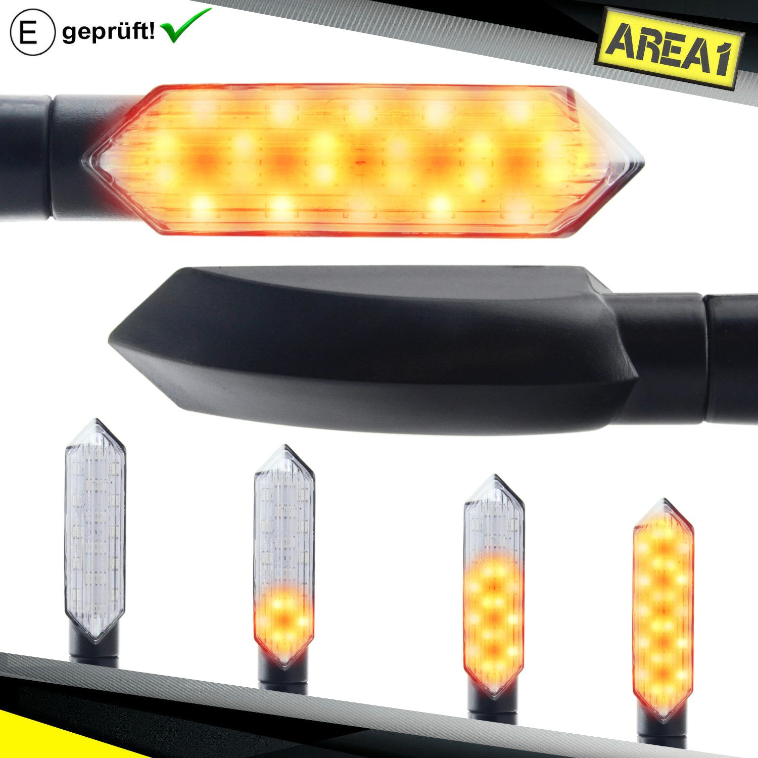 Area1 Blinker Motorrad LED Blinker E-geprüft Set (2 Stück) M8 mit Lauflichteffekt