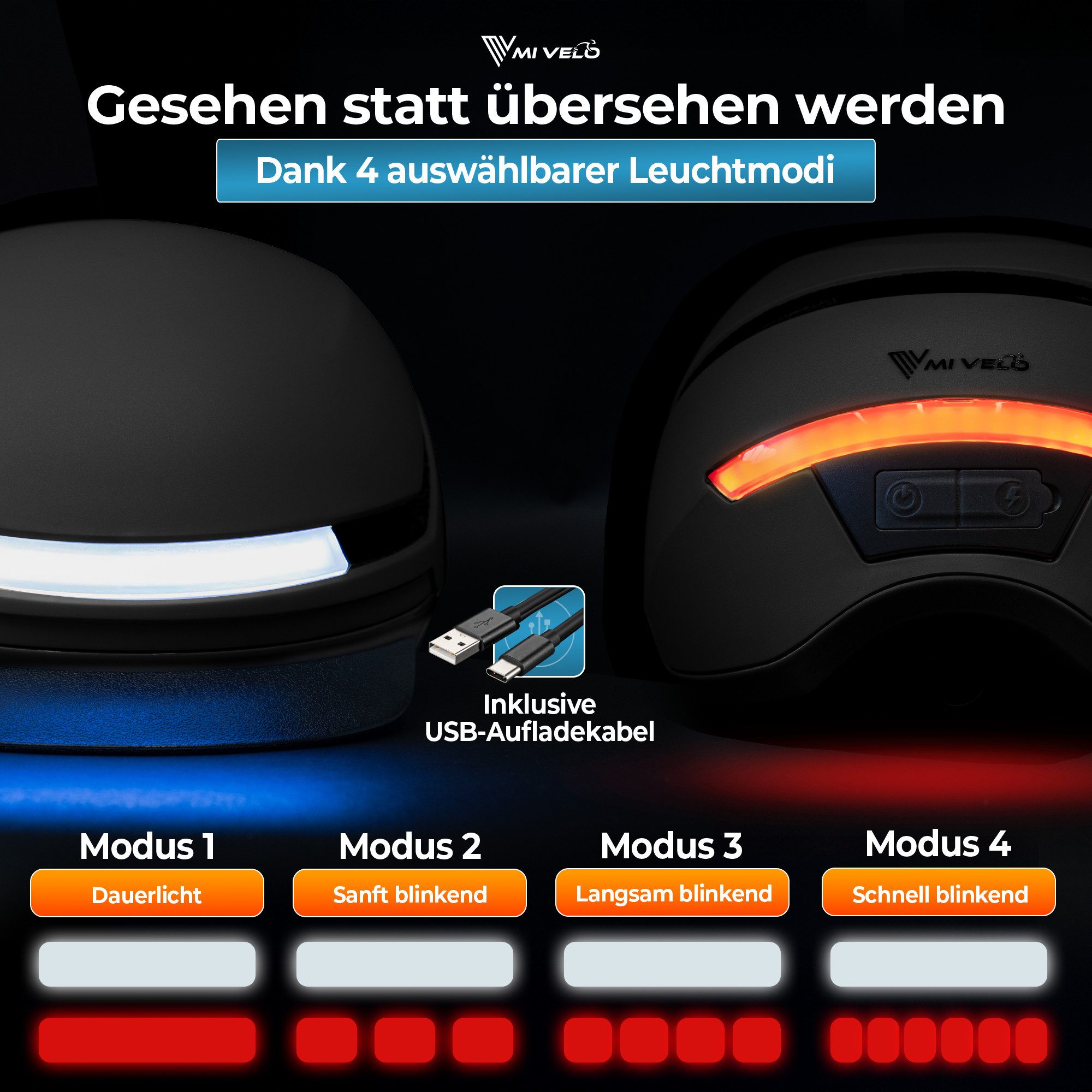 MIVELO Fahrradhelm für Herren und Damen mit Licht vorne & hinten, NTA zertifiziert, 360° Beleuchtung