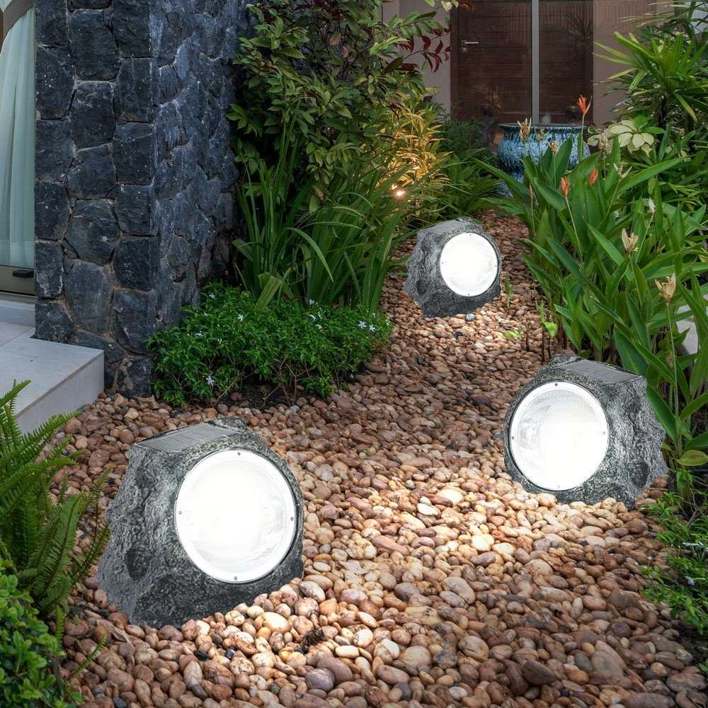 Warmweiß, SET Solar-Gartenstrahler LED Selbstaufladend verbaut, LED 3er Solarleuchte, fest LED-Leuchtmittel Globo Aussenleuchte