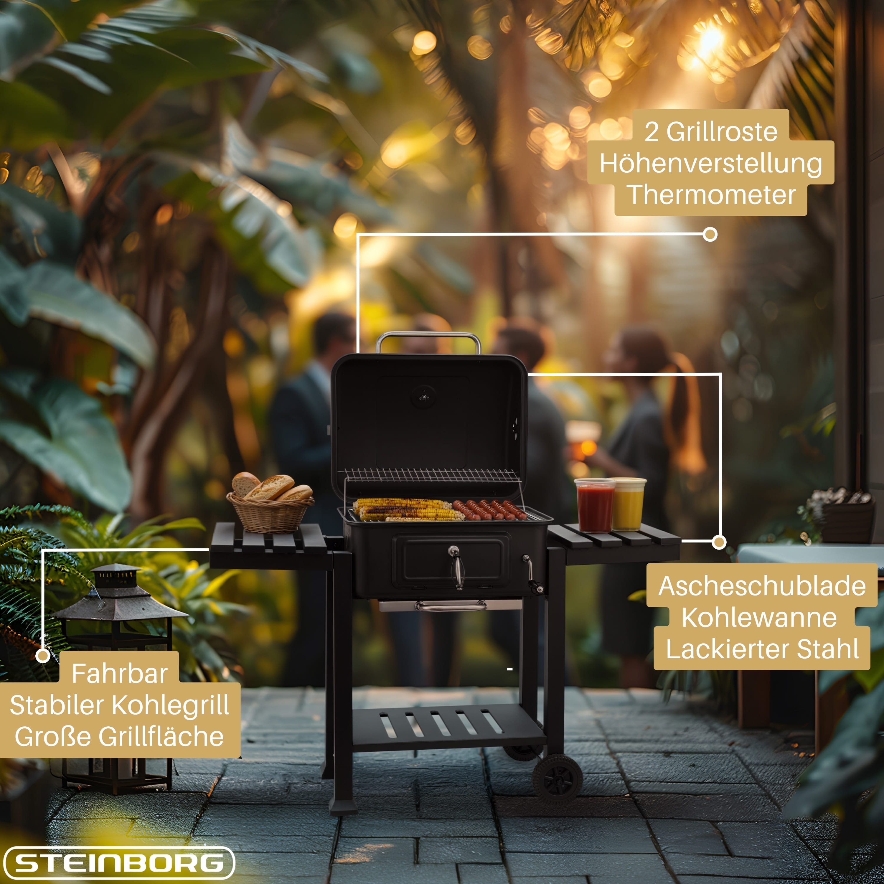 STEINBORG Holzkohlegrill SB-8220, Optimale Arbeitshöhe, Ascheschublade verstellbar
