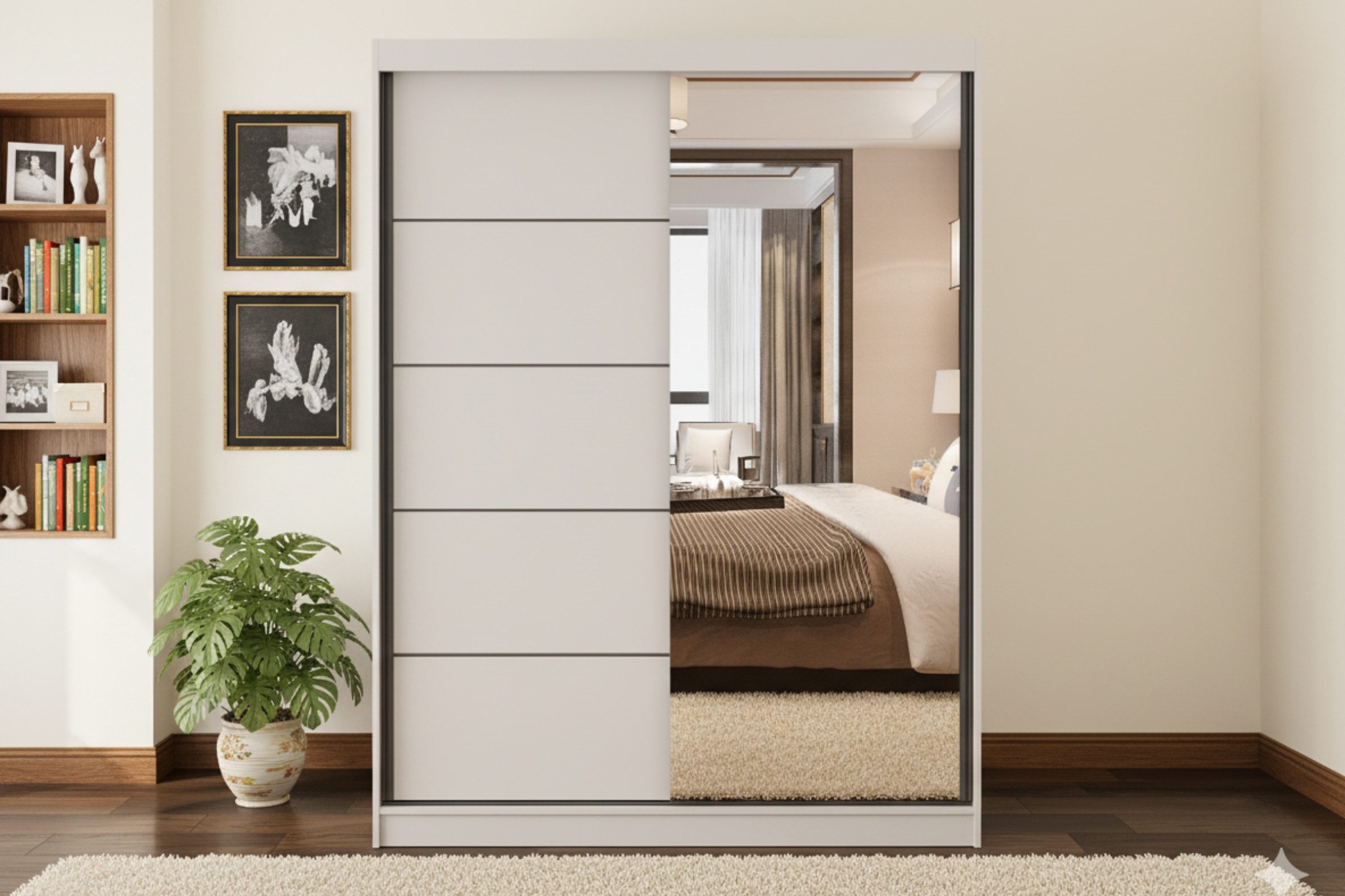 Deine Möbel 24 Schwebetürenschrank VELMA 05 Kleiderschrank 150 cm breit mit Spiegel (Set, 1-St., Weiß Matt Kaschmir Grau Eiche Sonoma) 2 Schiebetüren, 5 Einlegeböden und Kleiderstange