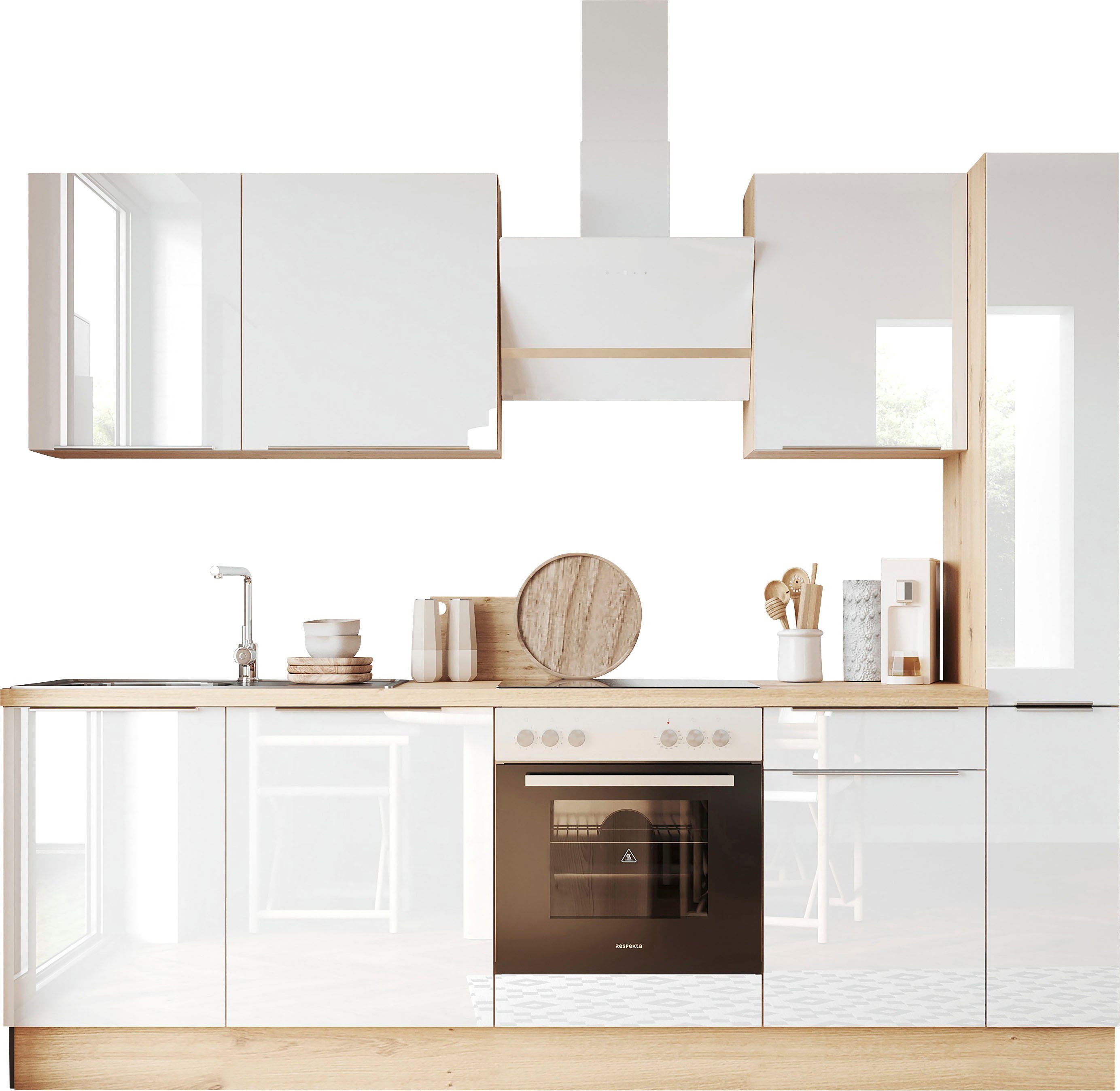 RESPEKTA Küchenzeile Safado aus der Serie Marleen, Breite 250 cm, mit Soft-Close, in exklusiver Konfiguration für OTTO Front: Weiß Hochglanz/ Korpus, Arbeitsplatte: Artisan Eiche