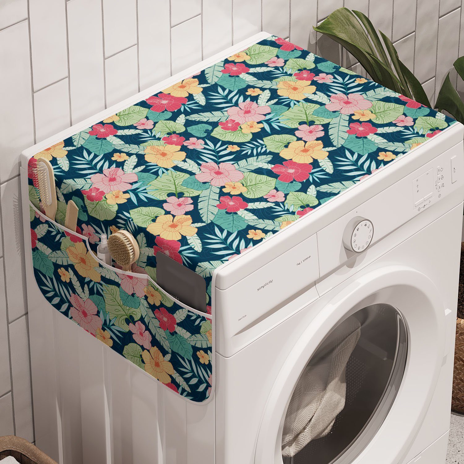 Abakuhaus Badorganizer Anti-Rutsch-Stoffabdeckung für Waschmaschine und Trockner, Blumen Hibiscus und Blätter Grafik