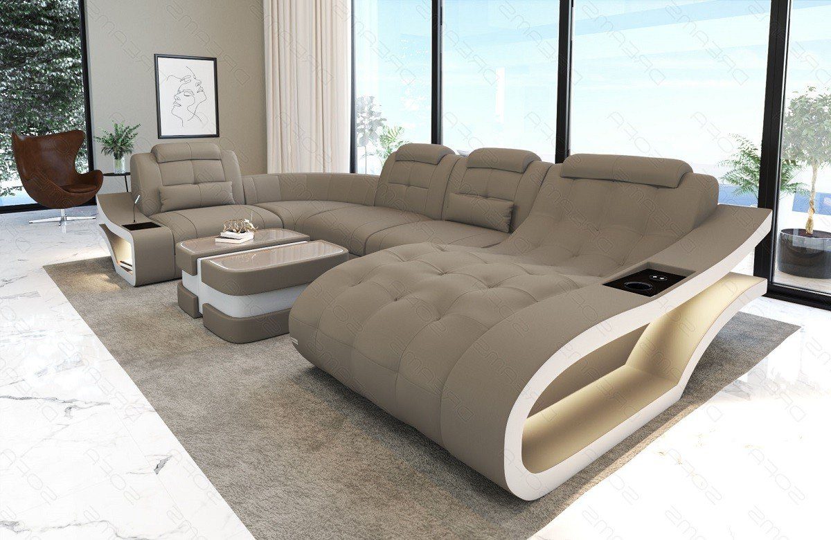 Elegante U Dreams mit Wohnlandschaft Sofa, wahlweise Couch - Stoff Form M Bettfunktion Sofa Stoffsofa Polster taupe-weiß