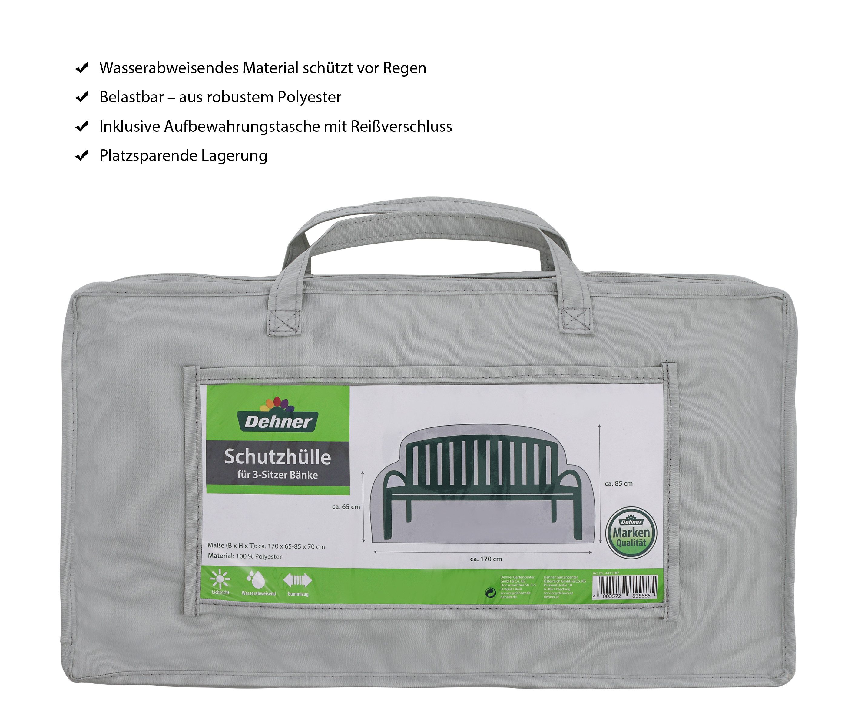 Dehner Gartenmöbel-Schutzhülle Gartenbank, ca. 170 x 85 x 70 cm, Polyester, grau, Schützen Sie Ihre 3-Sitzer Bank ideal dank wasserabweisendem Material