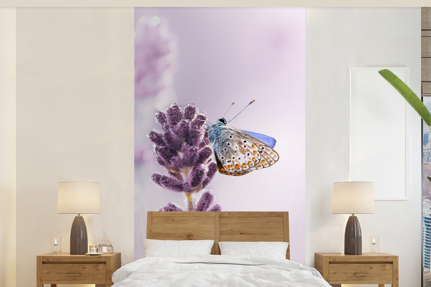 MuchoWow Fototapete Lavendel - Schmetterling - Nahaufnahme - Lila, Matt, bedruckt, (2 St), Vliestapete für Wohnzimmer Schlafzimmer Küche, Fototapete