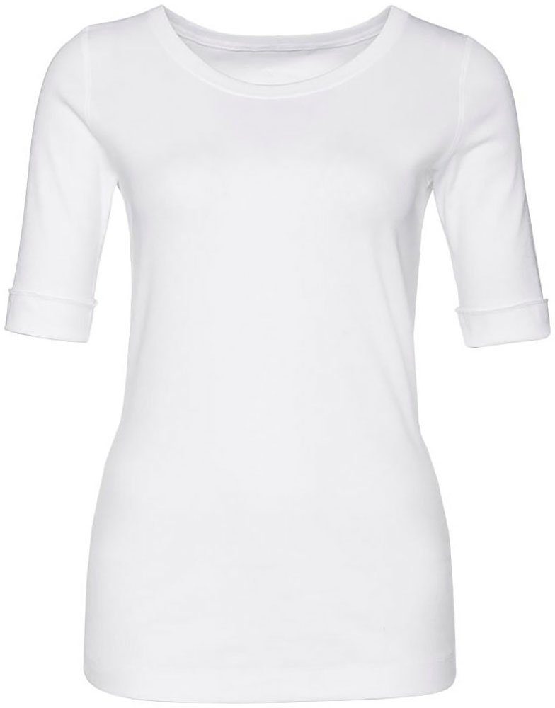 Cain halben Premium Rundhals-Shirt Rundhalsshirt Ärmeln Essential" mit white Damenmode Marc "Collection