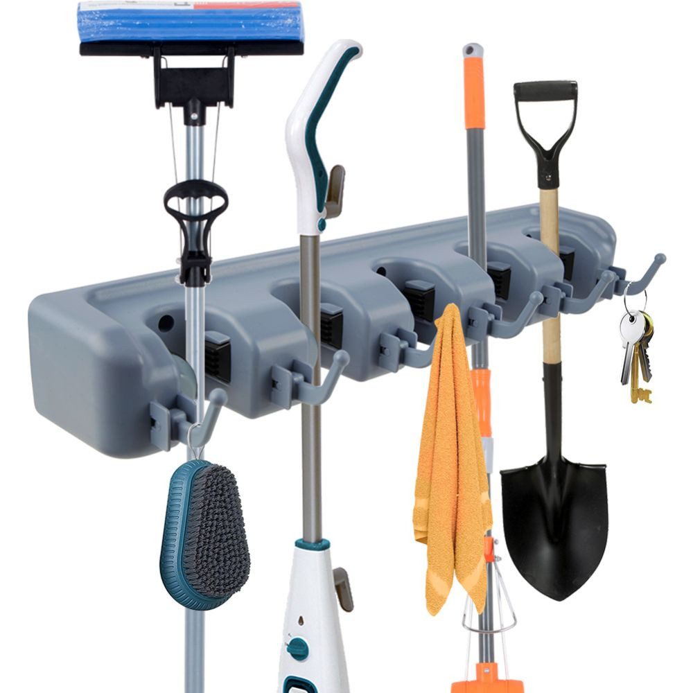 HUGERSTONE besenhalterung wand, Wandhaken,besen,werkzeughalter, gerätehalter Gartengerätehalter, (1-tlg., mit 5 Federhalterungen und 6 Haken, geeignet zur Aufbewahrung von Reinigungsutensilien und Gartengeräten)