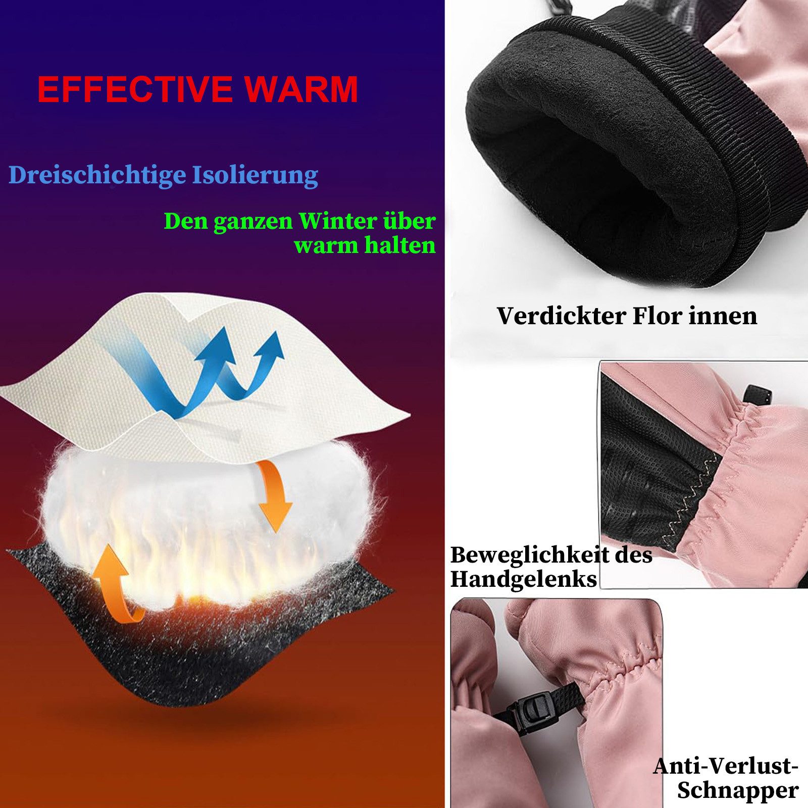 BTTO Hsch. Skihandschuhe Warm Winterhandschuhe,Wasserdichte Thermohandschuhe für Frauen Winddicht Thermische Handschuhe,für Skifahren Laufen Fahrrad