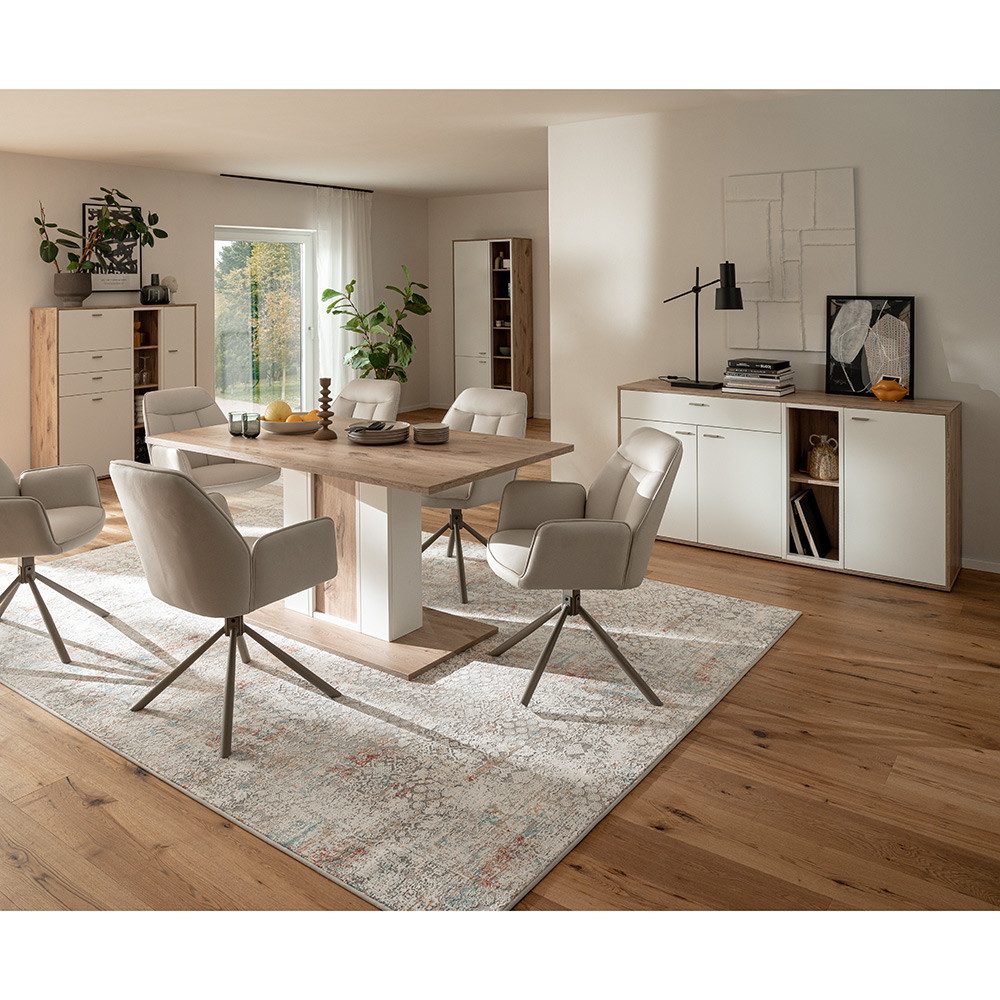 Lomadox Esszimmer-Set SAGUNTO-05, (Spar-Set, 4-St., Sideboard Highboard Vitrine Esstisch), in Eiche mit weiß