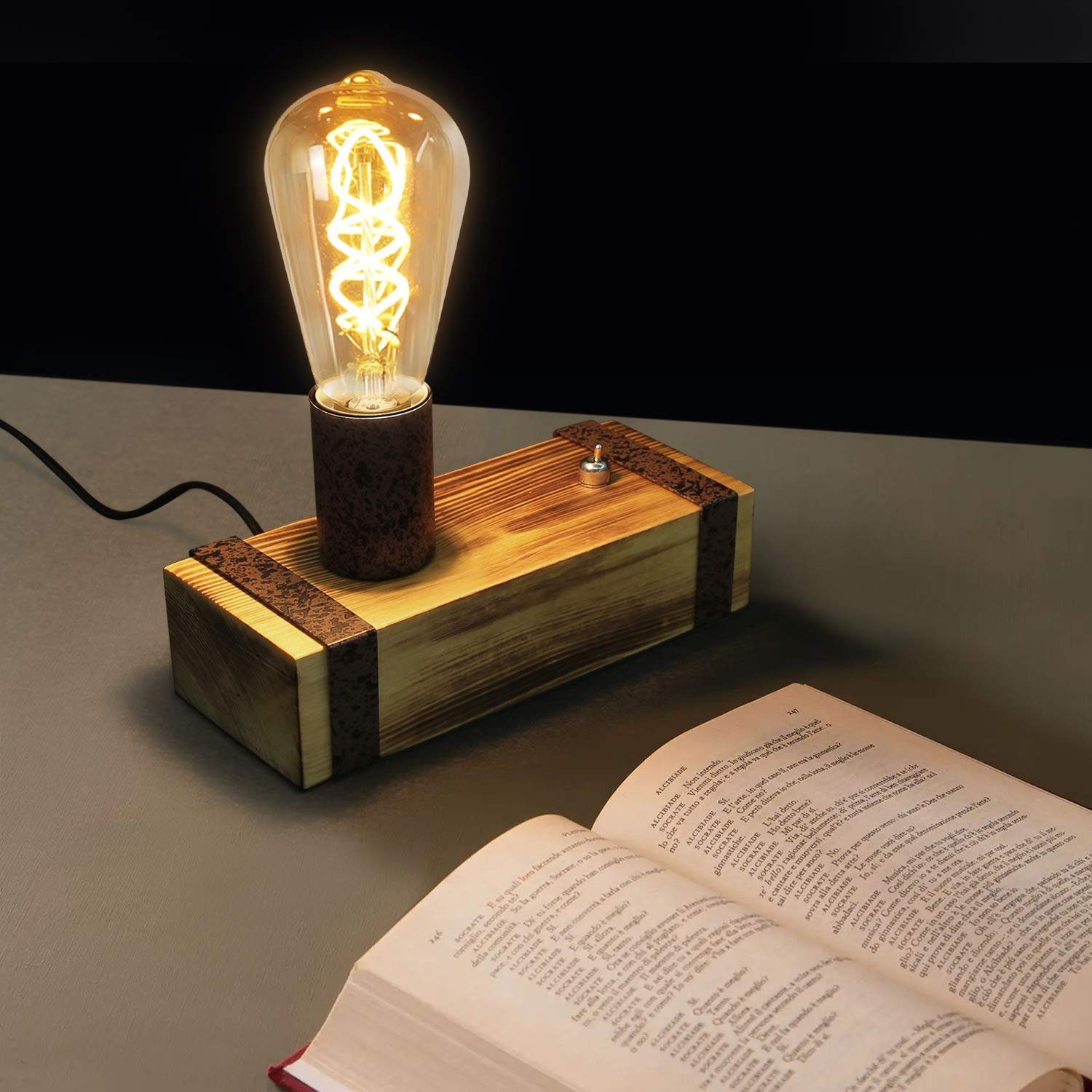 Nettlife Nachttischlampe Retro Industrial Holz 1x E27 Fassungen mit Kabels (150 cm), mit Kippschalter, LED wechselbar, für Schlafzimmer kinderzimmer Bedside